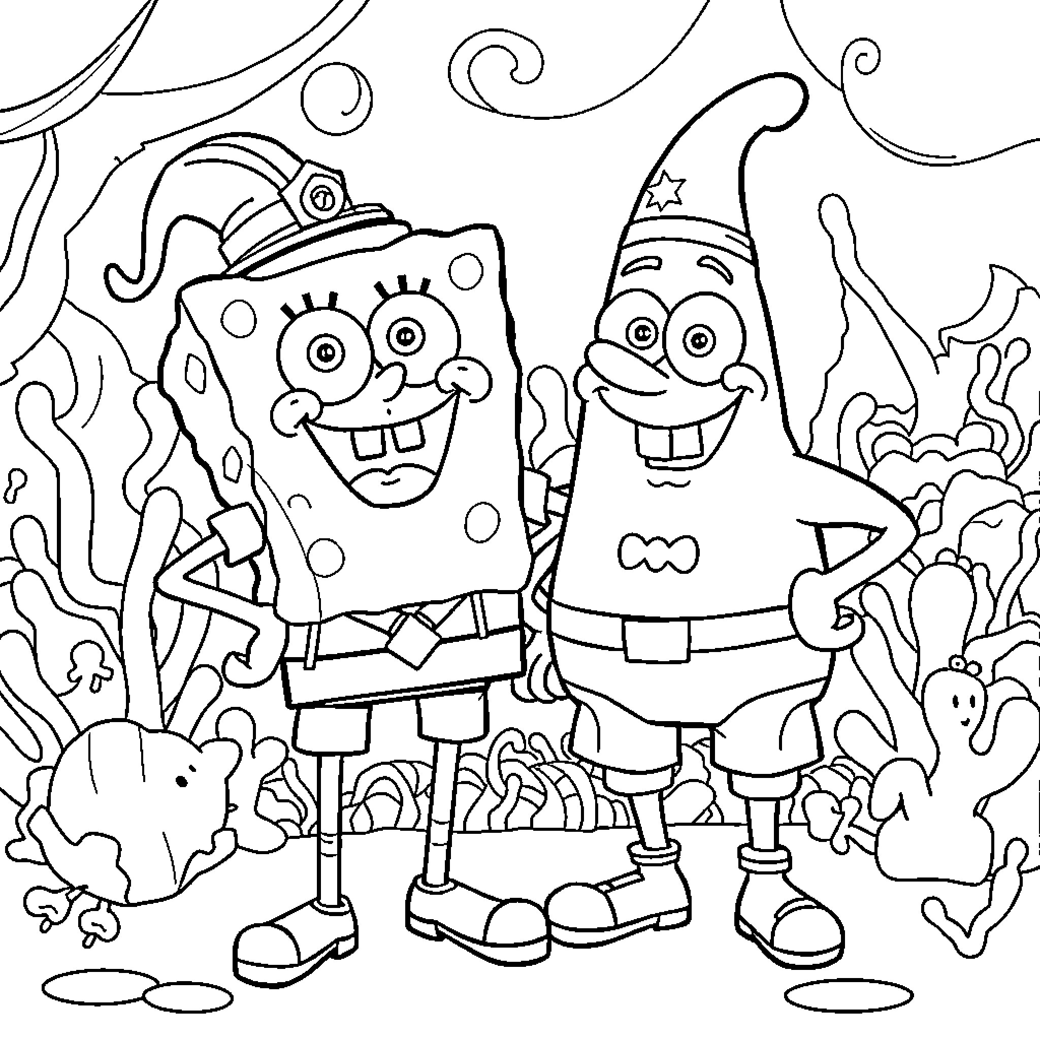 Spongebob and Patrick in a whimsical underwater scene Coloring Page (free black-and-white line drawing printable PDF for all, from beginners to advanced learners, including children, teens, adults, and seniors)
