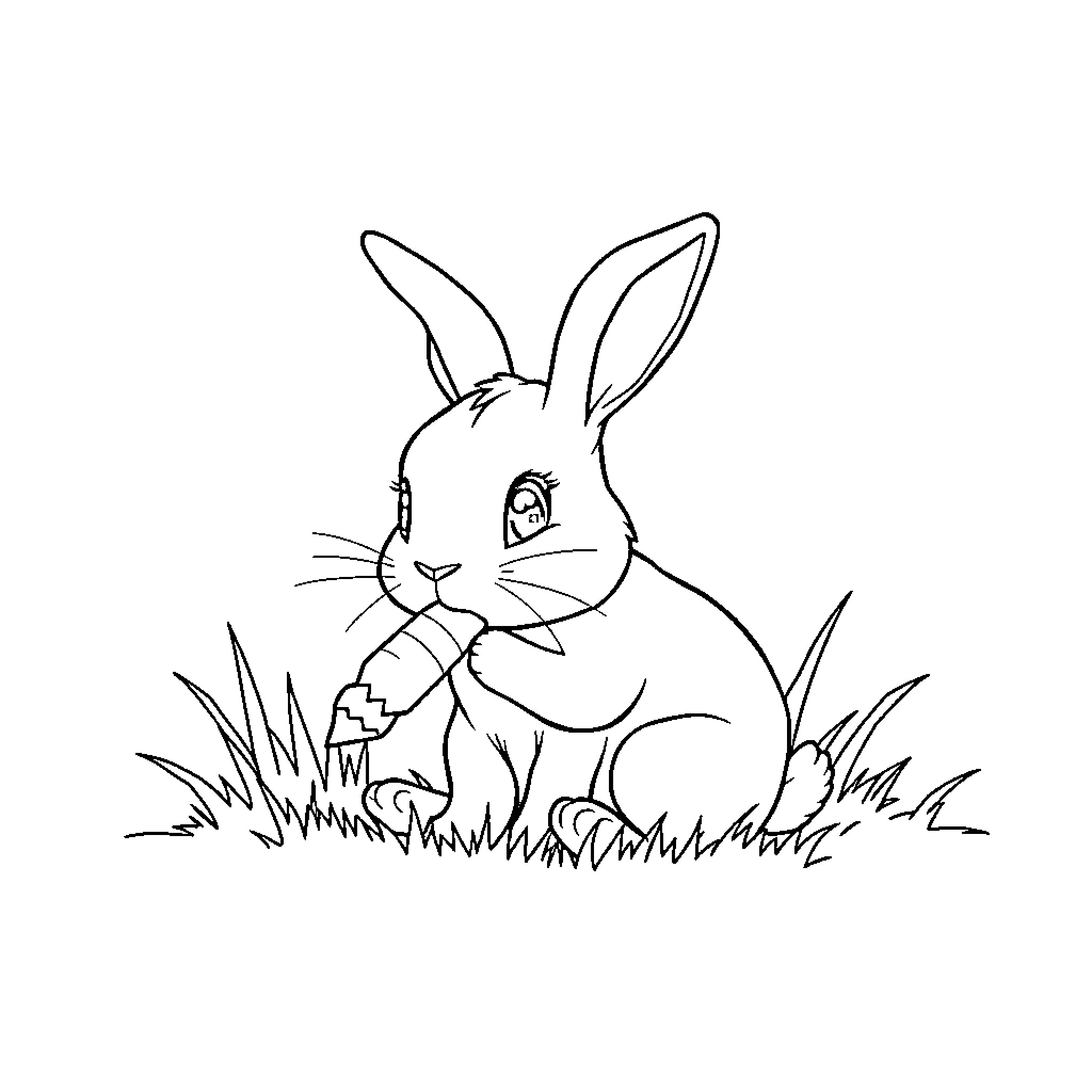 Rabbit sitting among grass in a field Coloring Page (free black-and-white line drawing printable PDF for all, from beginners to advanced learners, including children, teens, adults, and seniors)