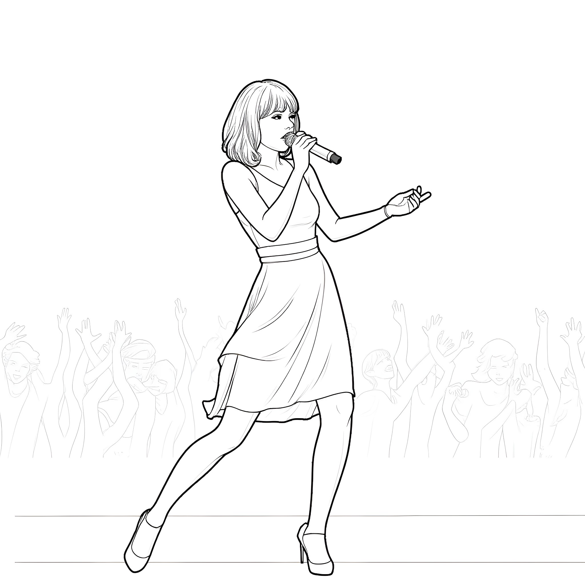 Taylor Swift performing on stage with a microphone Coloring Page (free black-and-white line drawing printable PDF for all, from beginners to advanced learners, including children, teens, adults, and seniors)