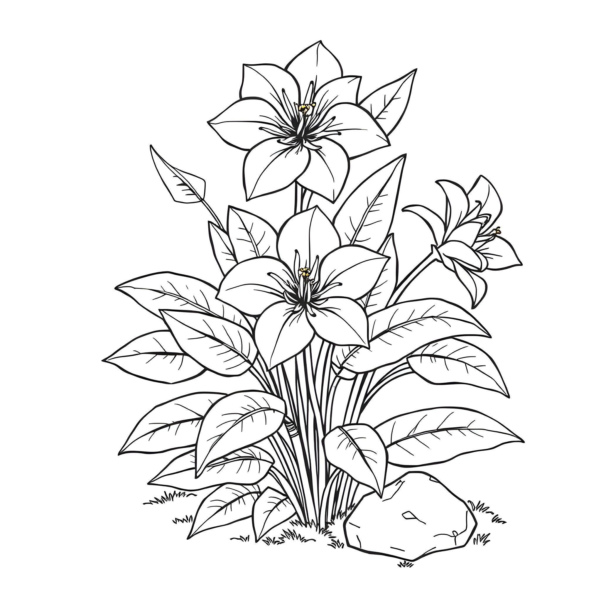 Plant with blooming flowers in nature Coloring Page (free black-and-white line drawing printable PDF for all, from beginners to advanced learners, including children, teens, adults, and seniors)