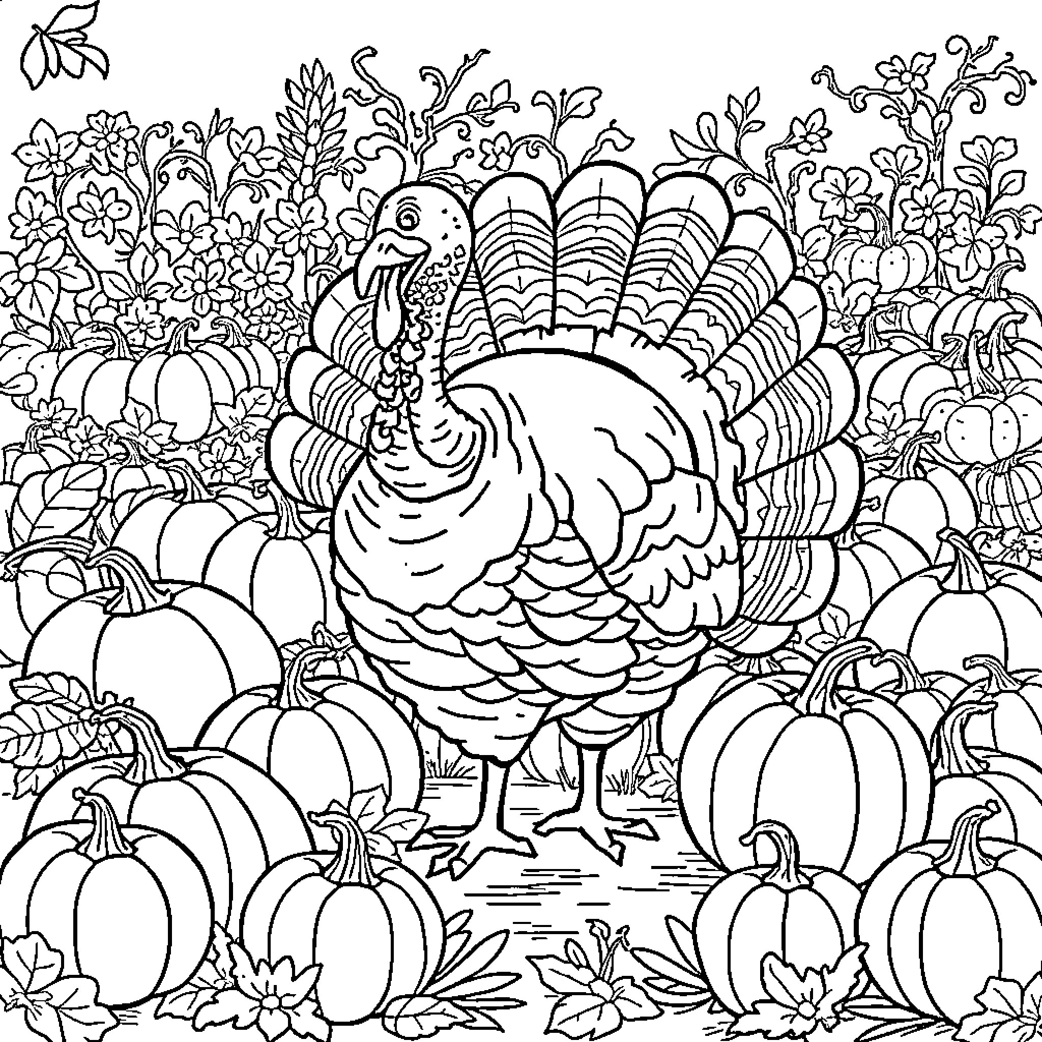 Turkey among bountiful autumn harvest Coloring Page (free black-and-white line drawing printable PDF for all, from beginners to advanced learners, including children, teens, adults, and seniors)