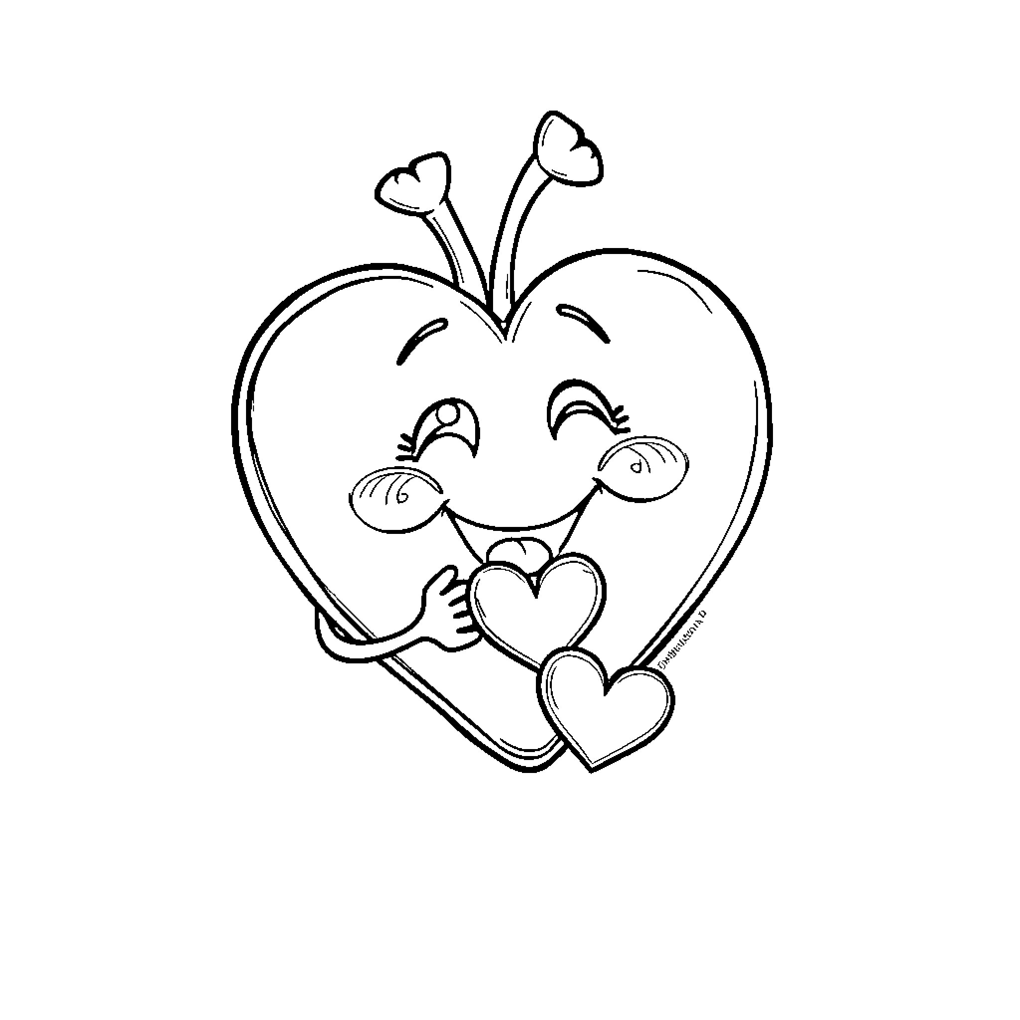 Heart-Shaped Apple with Smiling Expression Coloring Page (free black-and-white line drawing printable PDF for all, from beginners to advanced learners, including children, teens, adults, and seniors)
