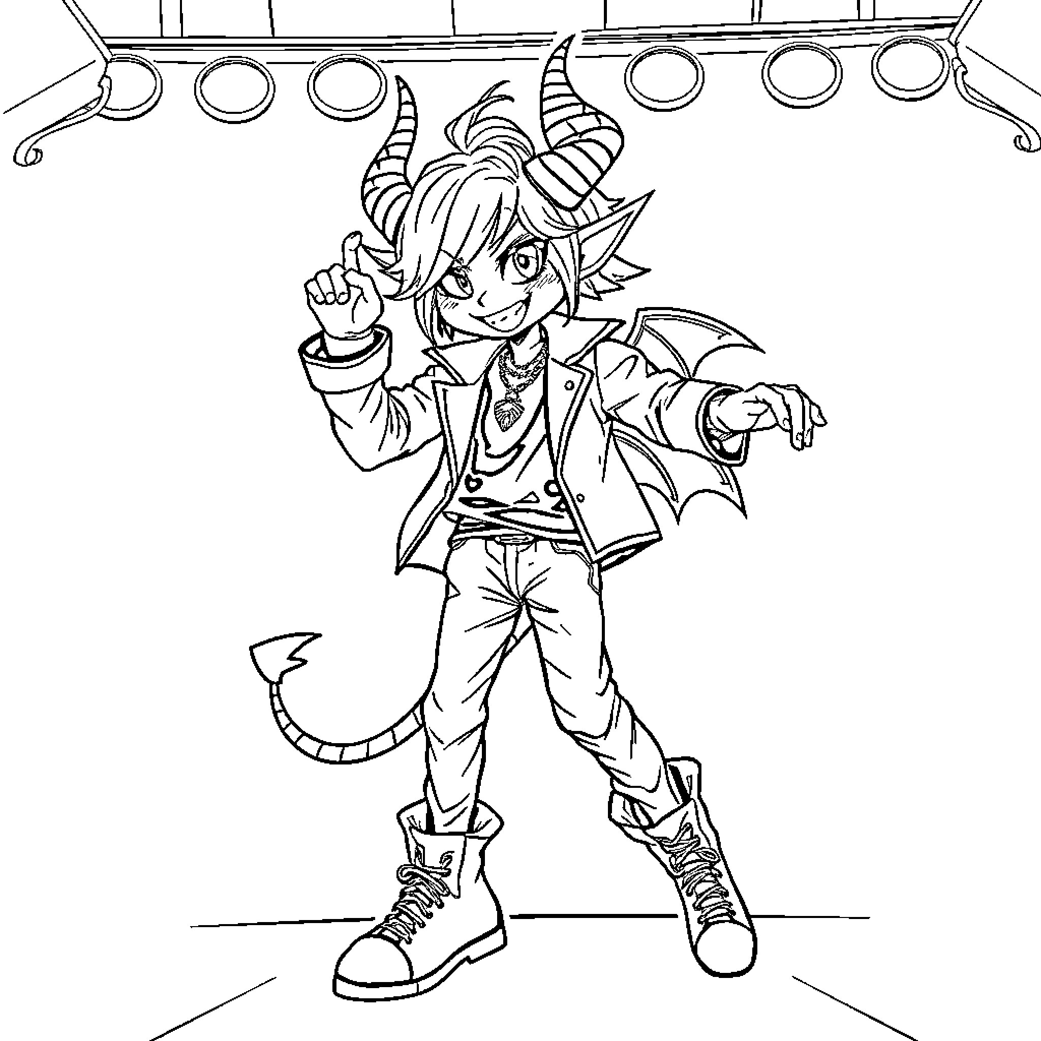 Kpop Demon Performing on Stage with Energetic Moves Coloring Page (free black-and-white line drawing printable PDF for all, from beginners to advanced learners, including children, teens, adults, and seniors)