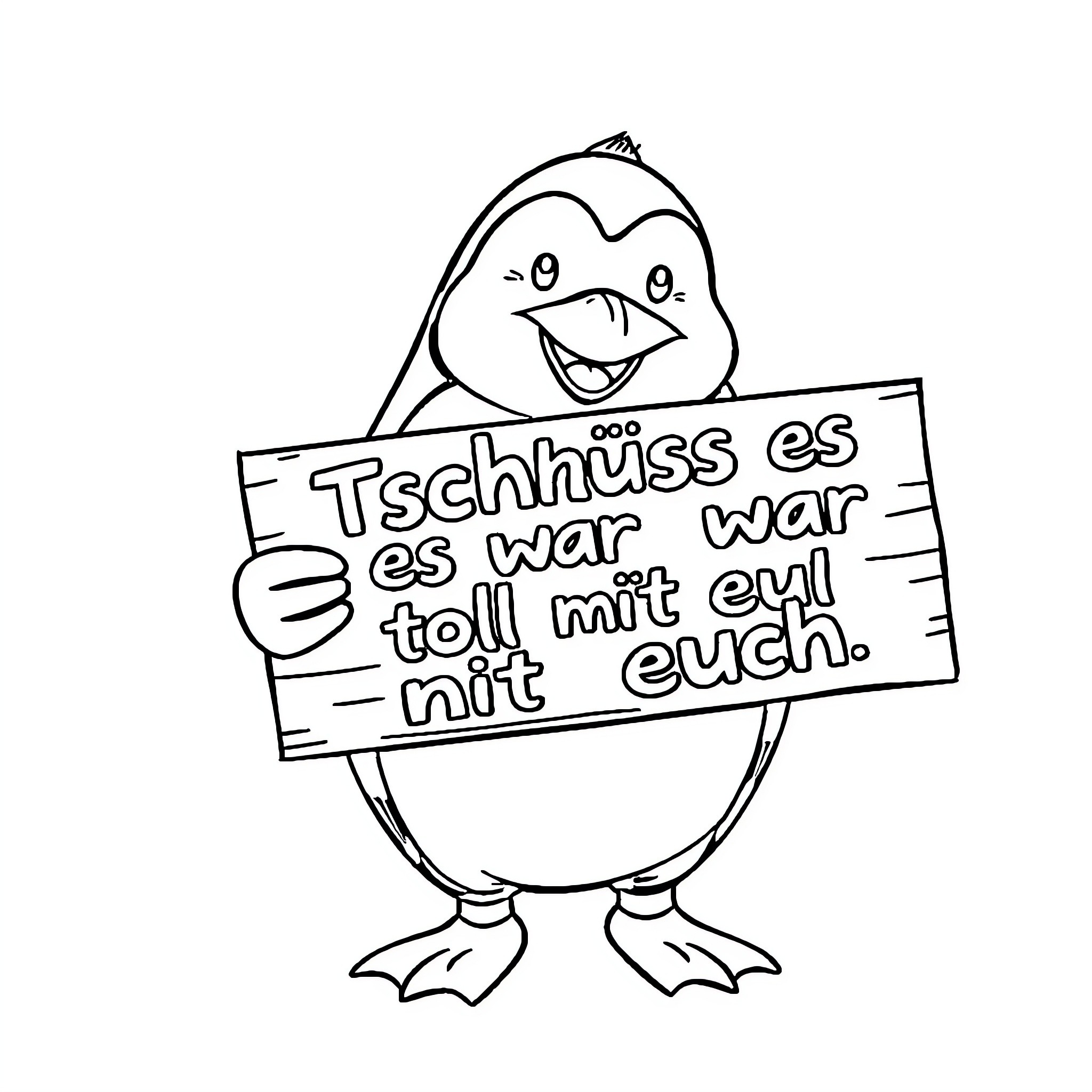 Penguin Holding Sign with Humorous Message Coloring Page (free black-and-white line drawing printable PDF for all, from beginners to advanced learners, including children, teens, adults, and seniors)