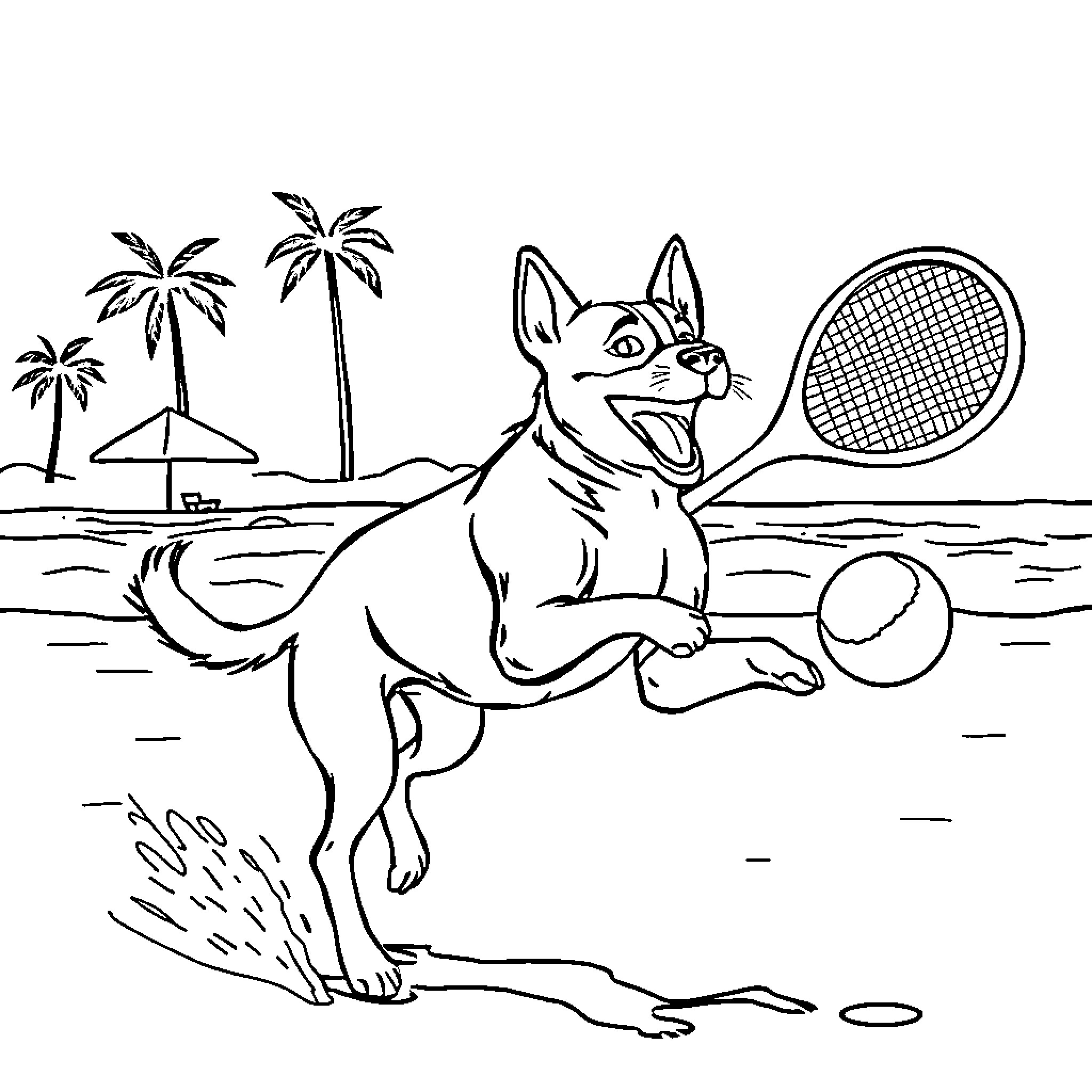 Perro playing joyfully with tennis ball on the beach Coloring Page (free black-and-white line drawing printable PDF for all, from beginners to advanced learners, including children, teens, adults, and seniors)
