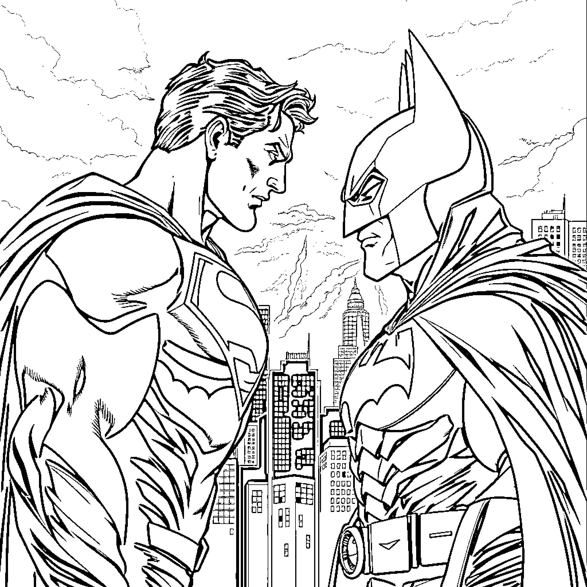 Superman and Batman Heroic Encounter in City Coloring Page (free black-and-white line drawing printable PDF for all, from beginners to advanced learners, including children, teens, adults, and seniors)