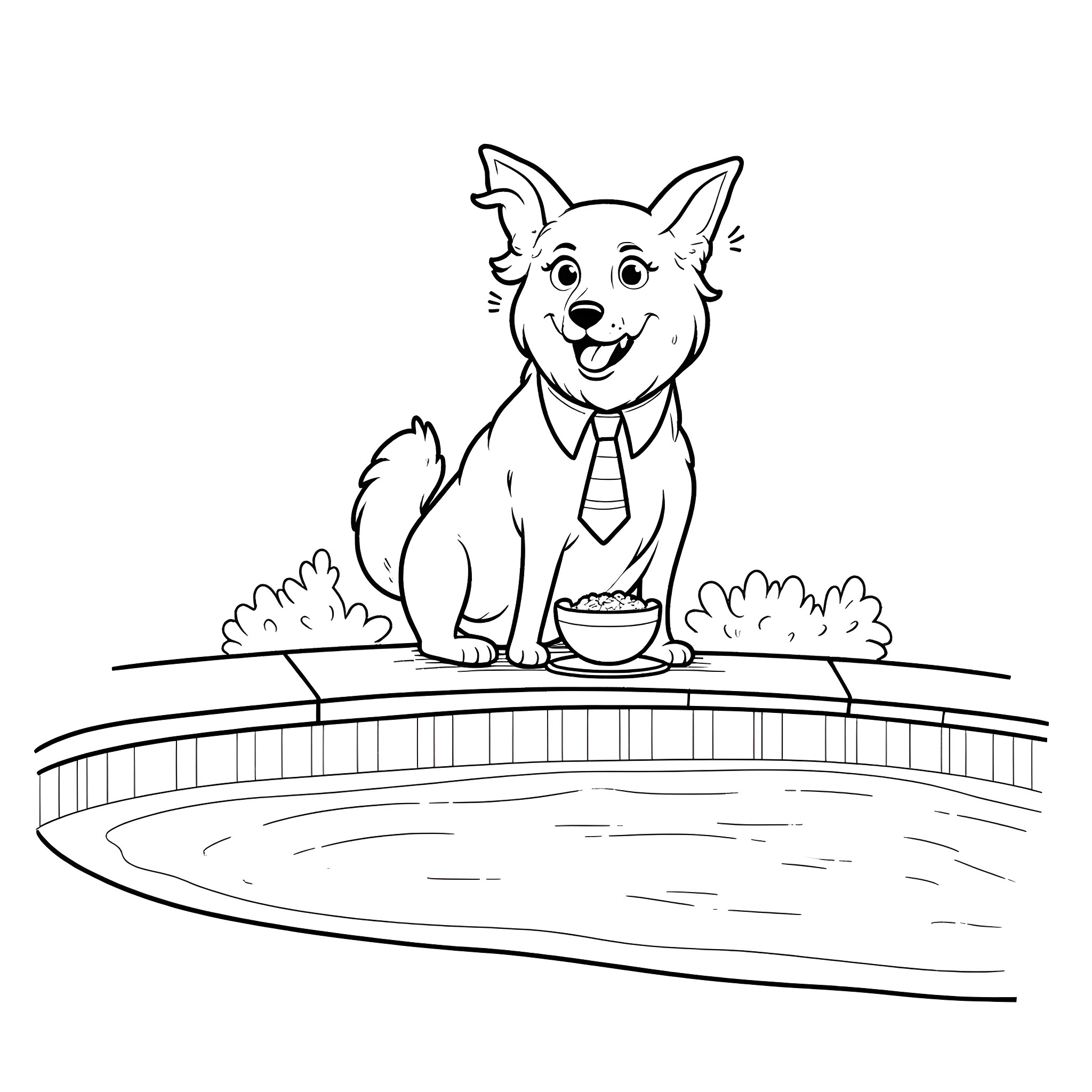 Dog Enjoying Lunch in the Park Coloring Page (free black-and-white line drawing printable PDF for all, from beginners to advanced learners, including children, teens, adults, and seniors)