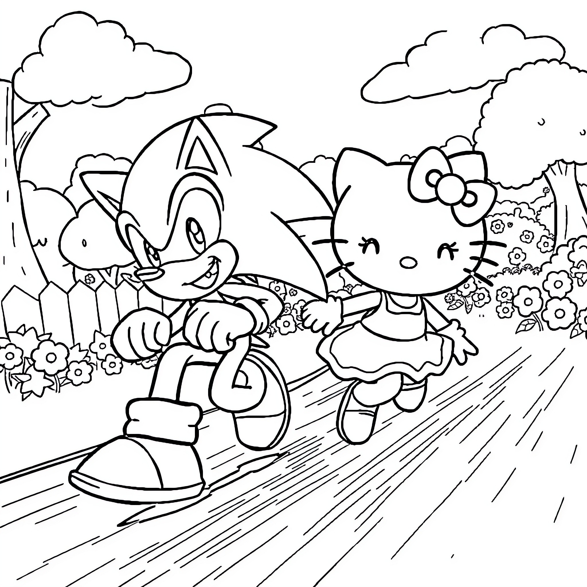 Sonic and Hello Kitty running through a floral landscape Coloring Page (free black-and-white line drawing printable PDF for all, from beginners to advanced learners, including children, teens, adults, and seniors)