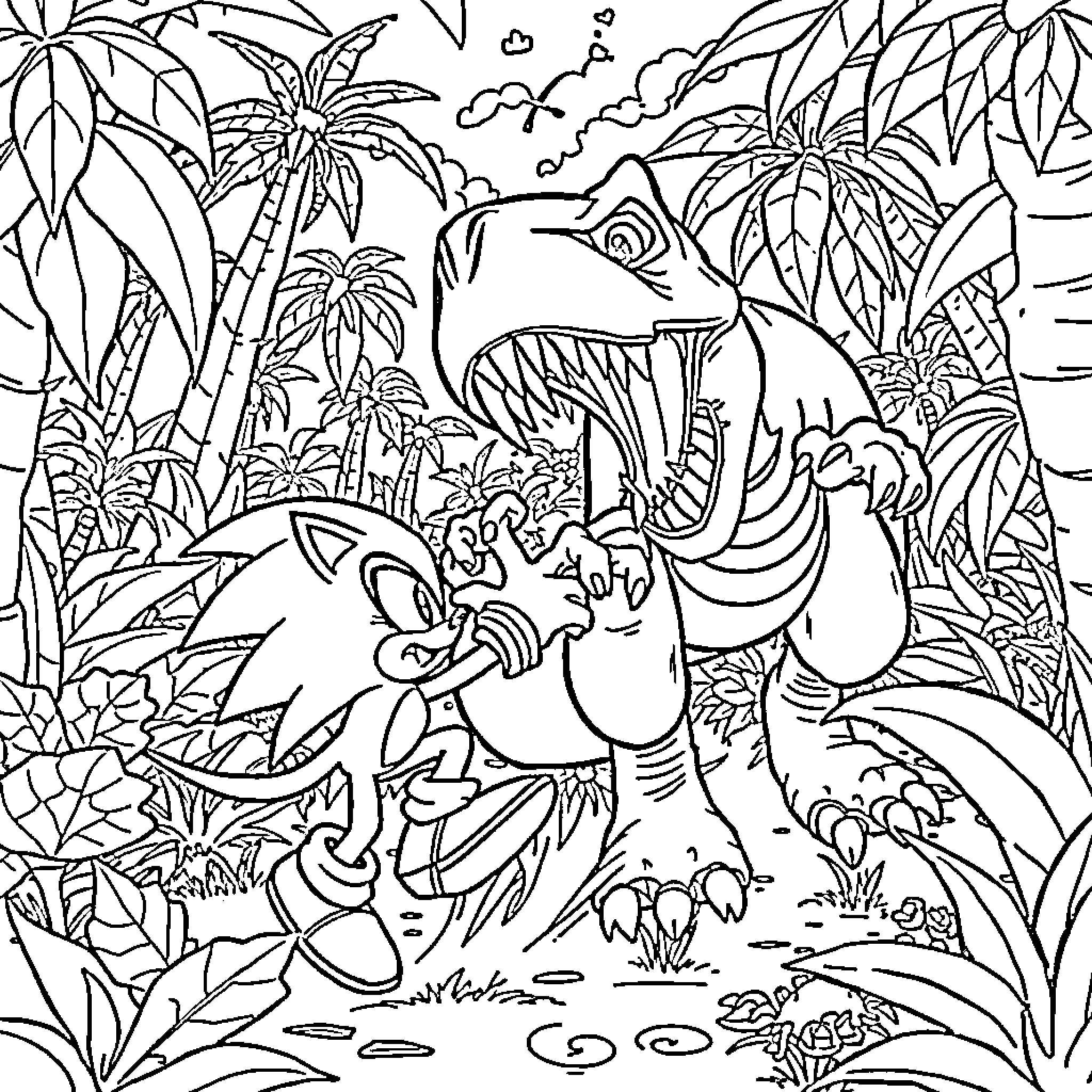Sonic's Jungle Adventure Coloring Page (free black-and-white line drawing printable PDF for all, from beginners to advanced learners, including children, teens, adults, and seniors)