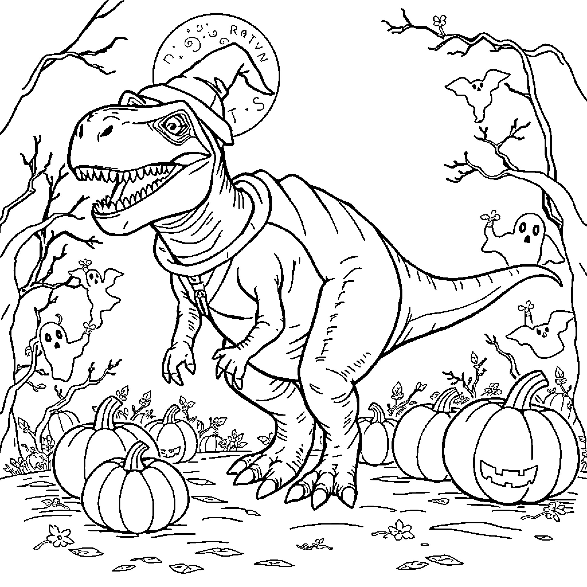 T-Rex roaming through a spooky Halloween scene Coloring Page (free black-and-white line drawing printable PDF for all, from beginners to advanced learners, including children, teens, adults, and seniors)