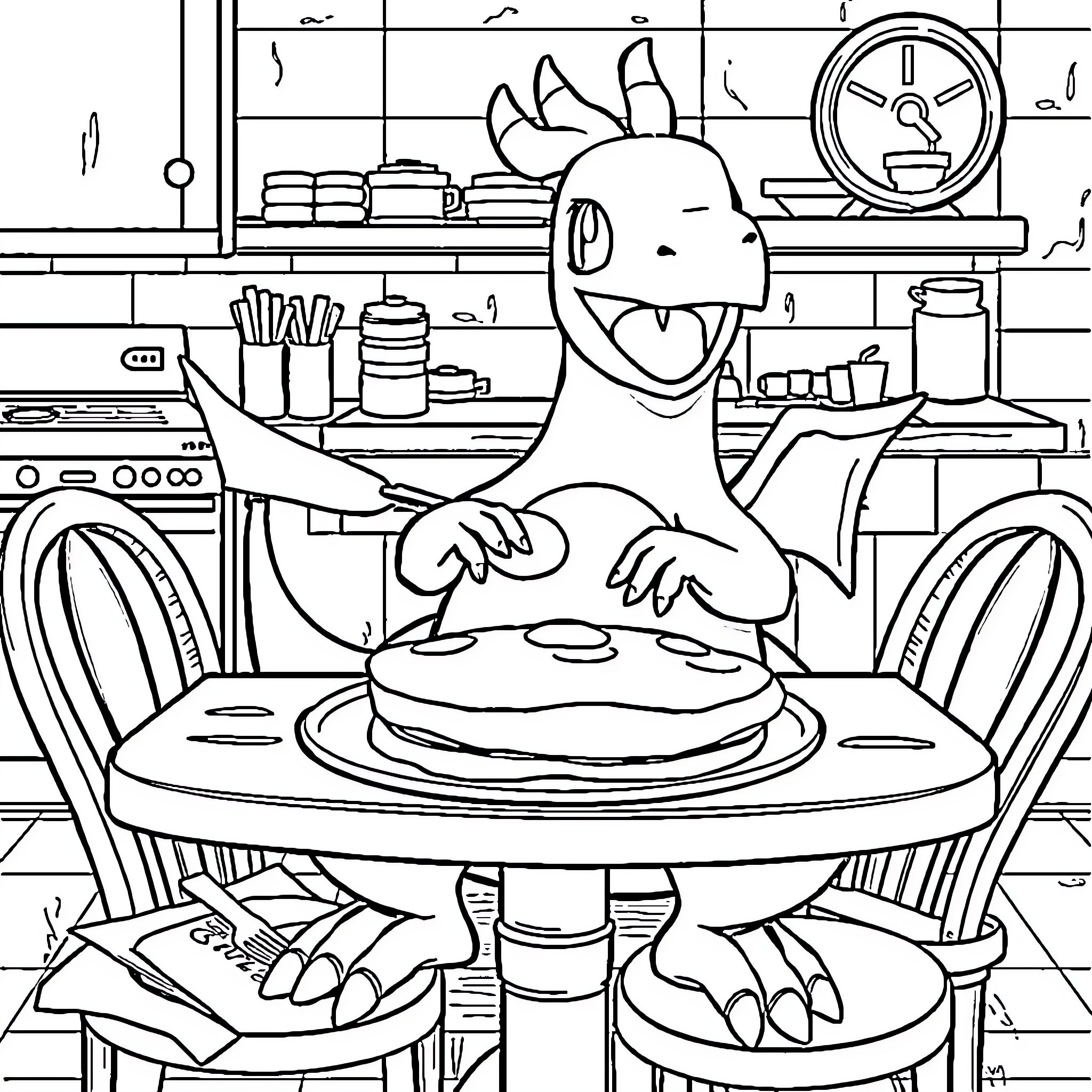 Charizard enjoying a delicious meal in the kitchen Coloring Page (free black-and-white line drawing printable PDF for all, from beginners to advanced learners, including children, teens, adults, and seniors)