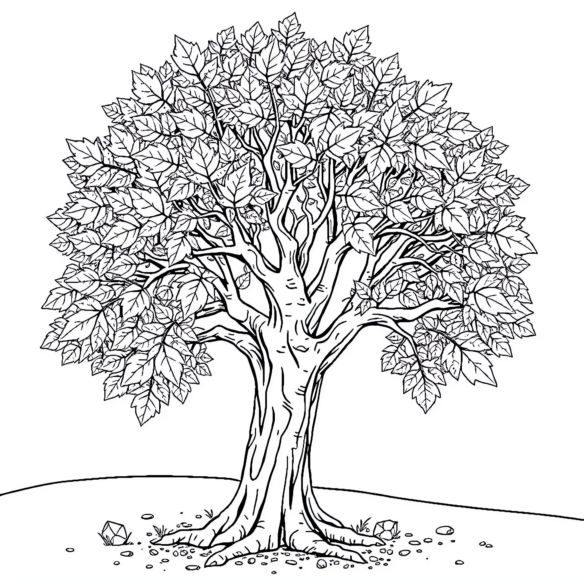 Tree with Lush Foliage in Scenic Landscape Coloring Page (free black-and-white line drawing printable PDF for all, from beginners to advanced learners, including children, teens, adults, and seniors)