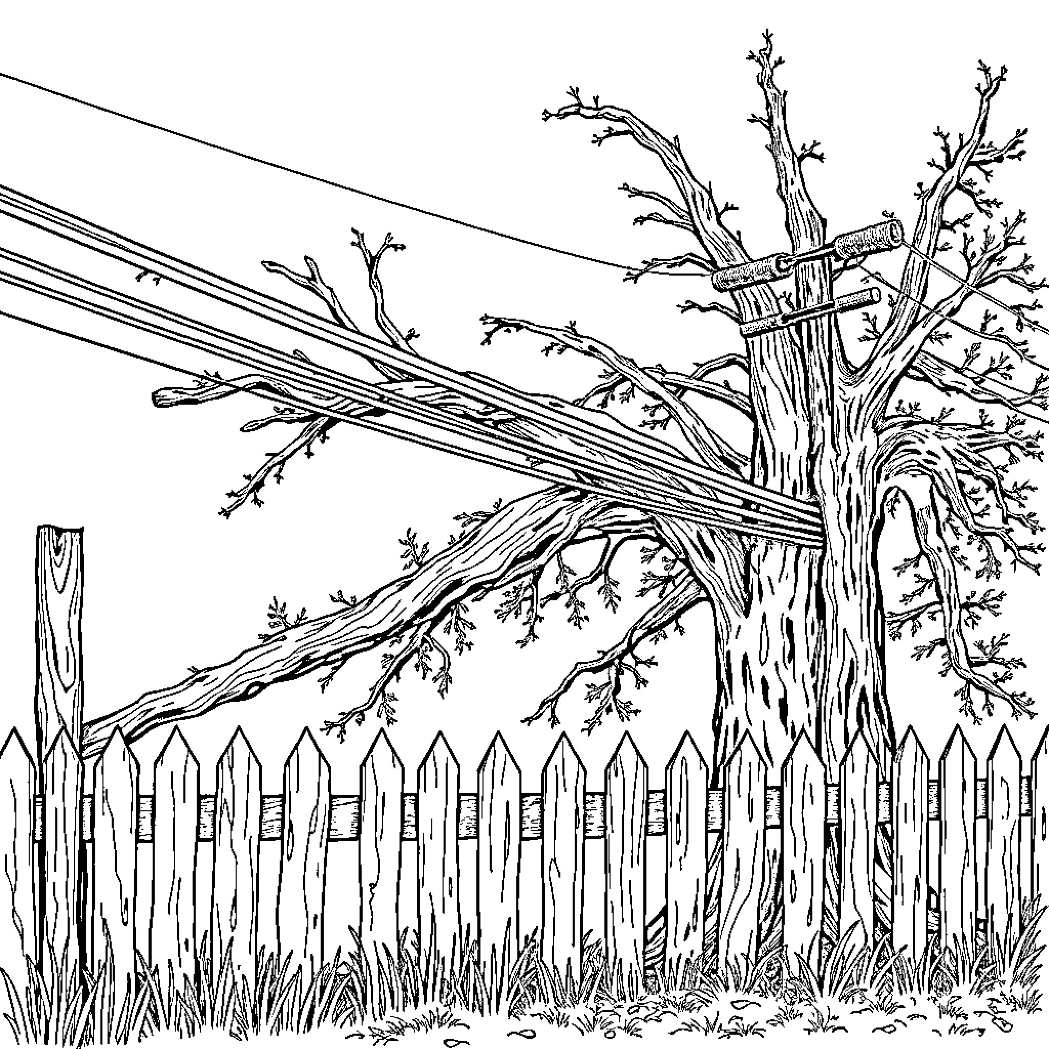 Power Line Entangled in Fallen Tree Branch Coloring Page (free black-and-white line drawing printable PDF for all, from beginners to advanced learners, including children, teens, adults, and seniors)