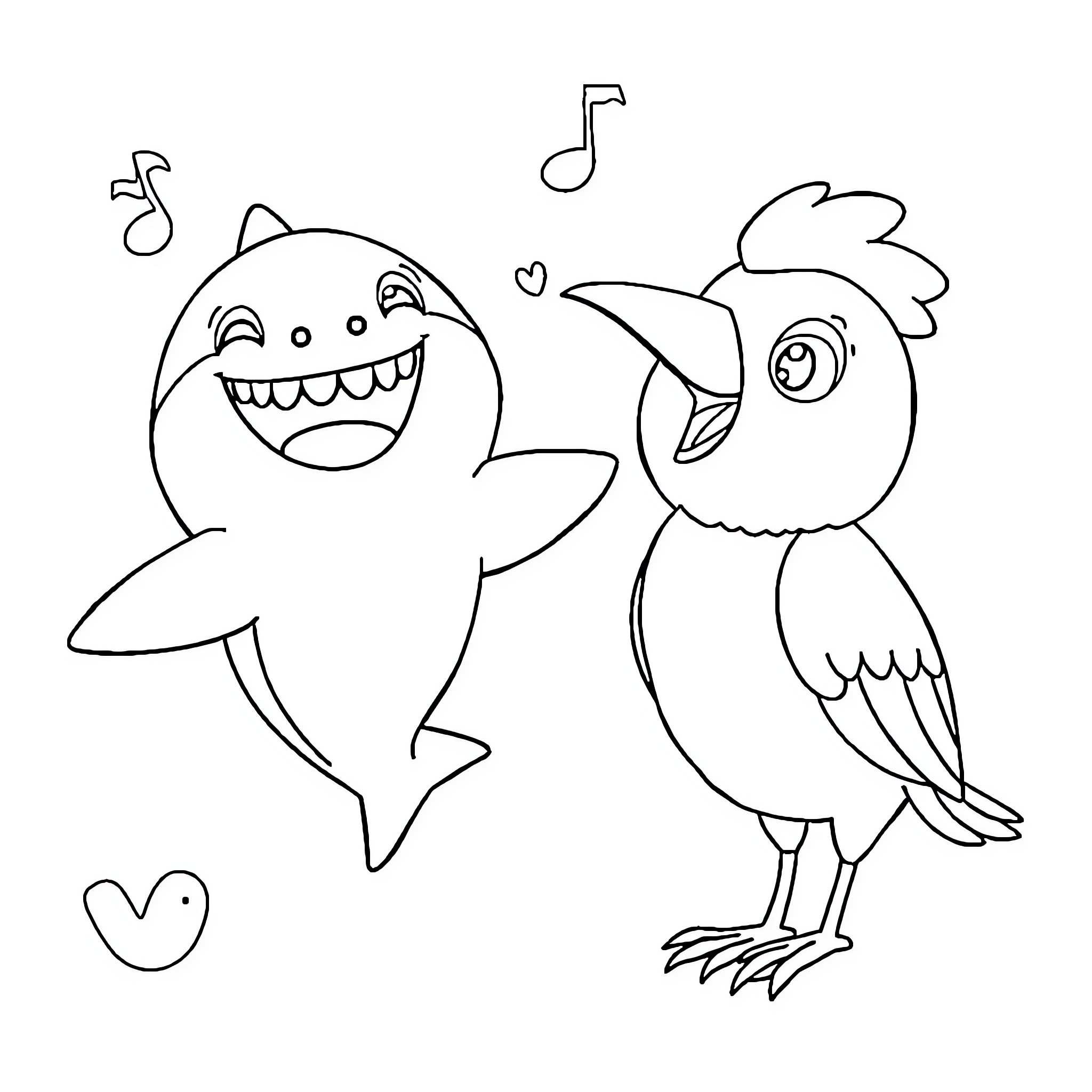 Shark and parrot singing and dancing Coloring Page (free black-and-white line drawing printable PDF for all, from beginners to advanced learners, including children, teens, adults, and seniors)