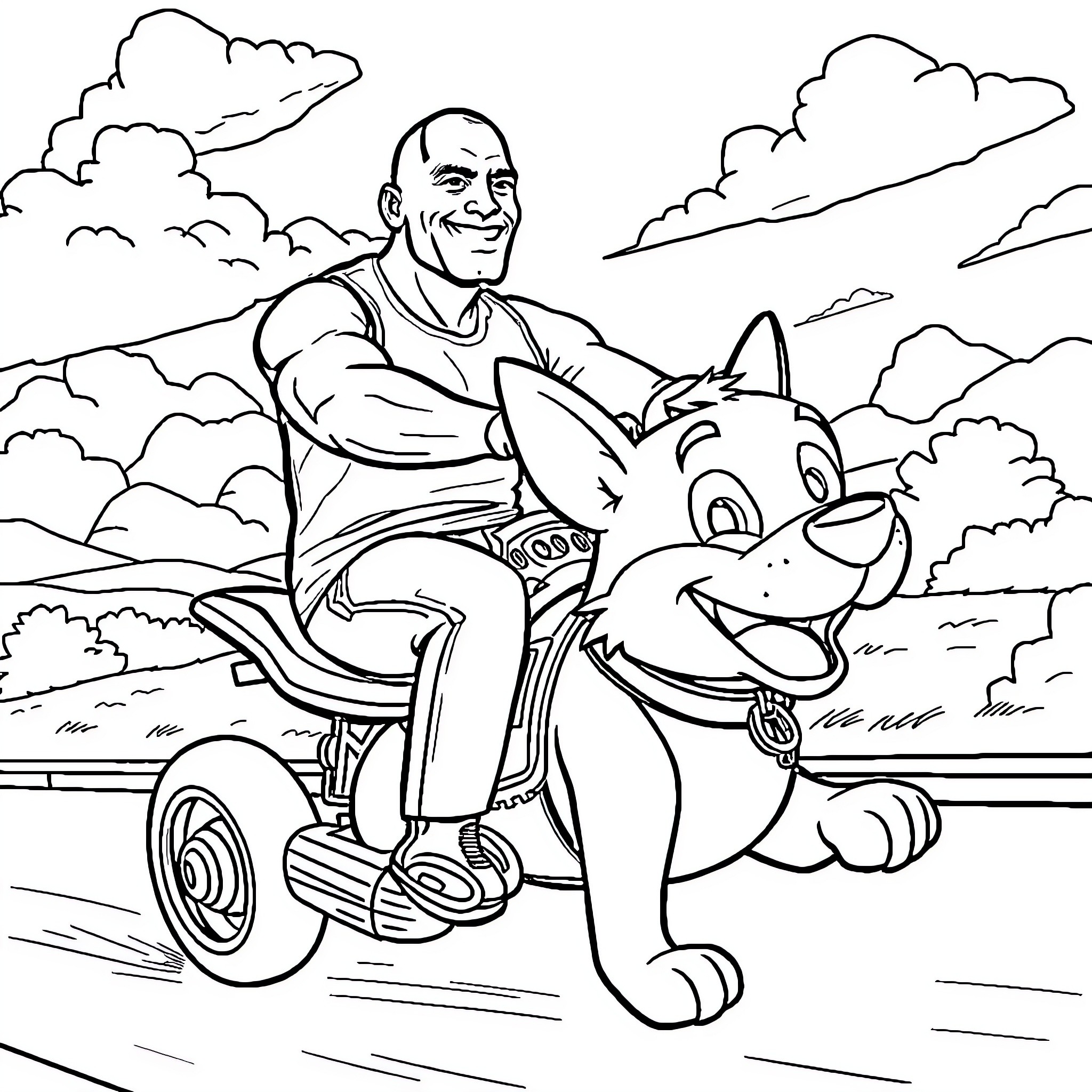 Dwayne Johnson riding a cheerful dog on a remote road Coloring Page (free black-and-white line drawing printable PDF for all, from beginners to advanced learners, including children, teens, adults, and seniors)