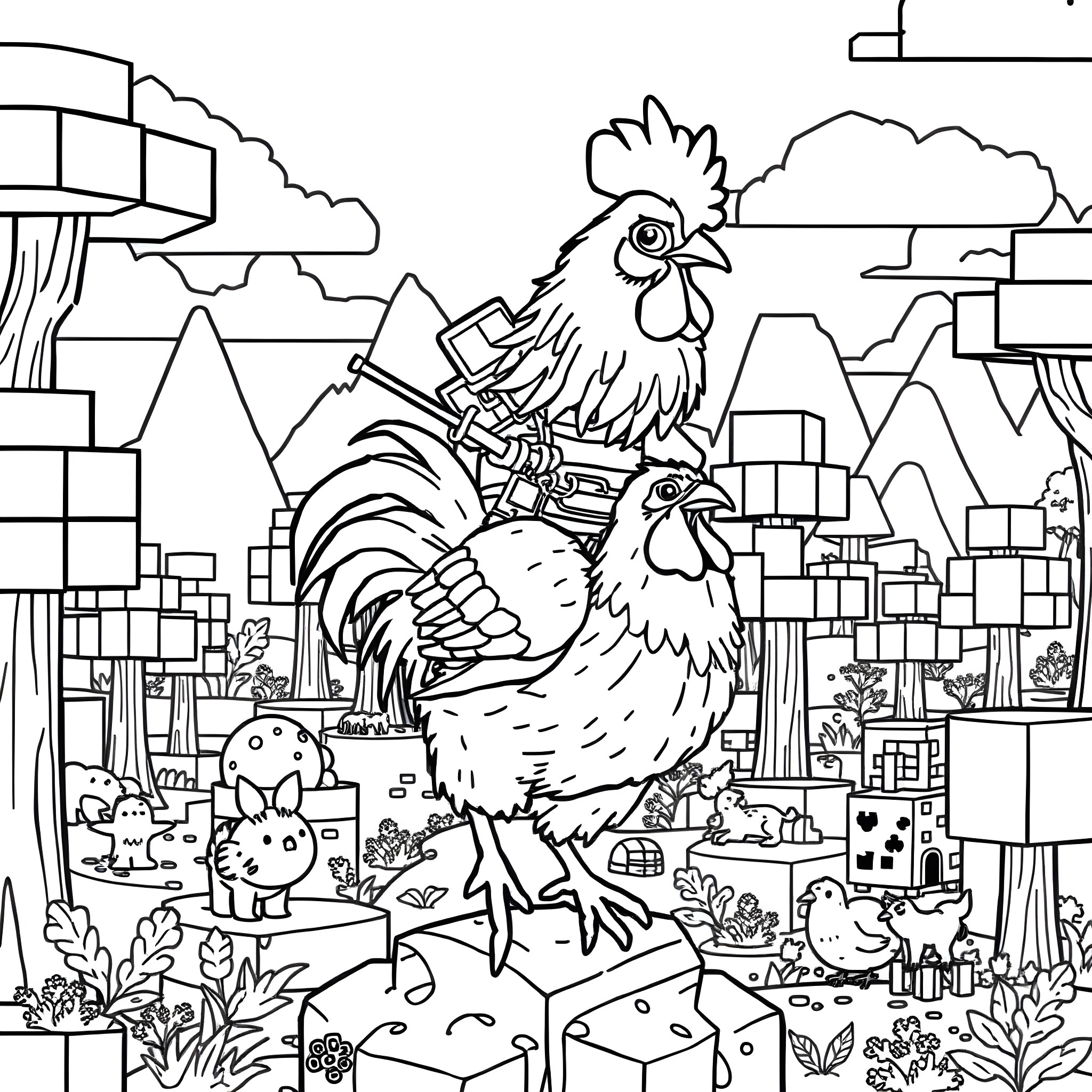 Chicken exploring a whimsical landscape Coloring Page (free black-and-white line drawing printable PDF for all, from beginners to advanced learners, including children, teens, adults, and seniors)
