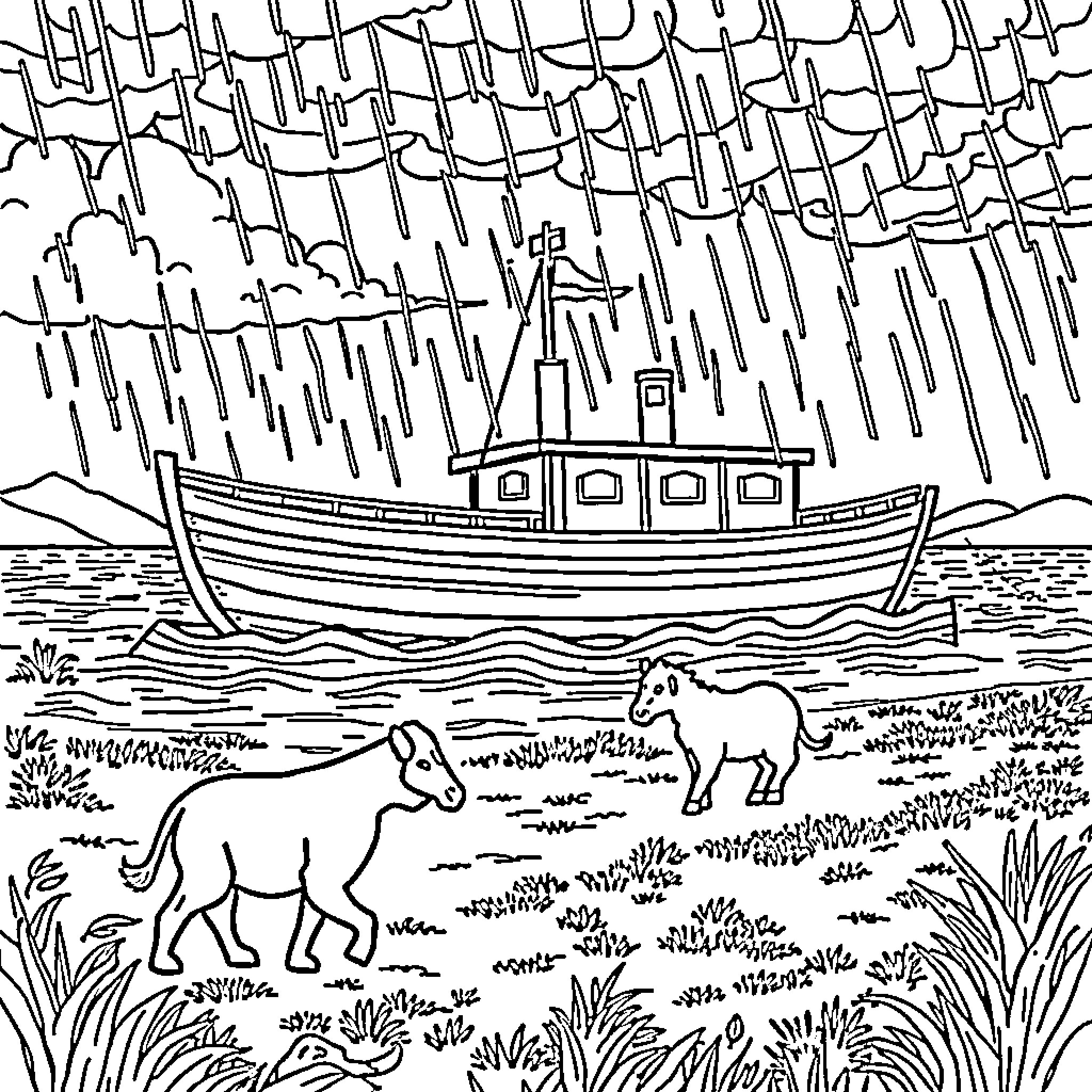 Noah's Ark Weathering the Storm Coloring Page (free black-and-white line drawing printable PDF for all, from beginners to advanced learners, including children, teens, adults, and seniors)