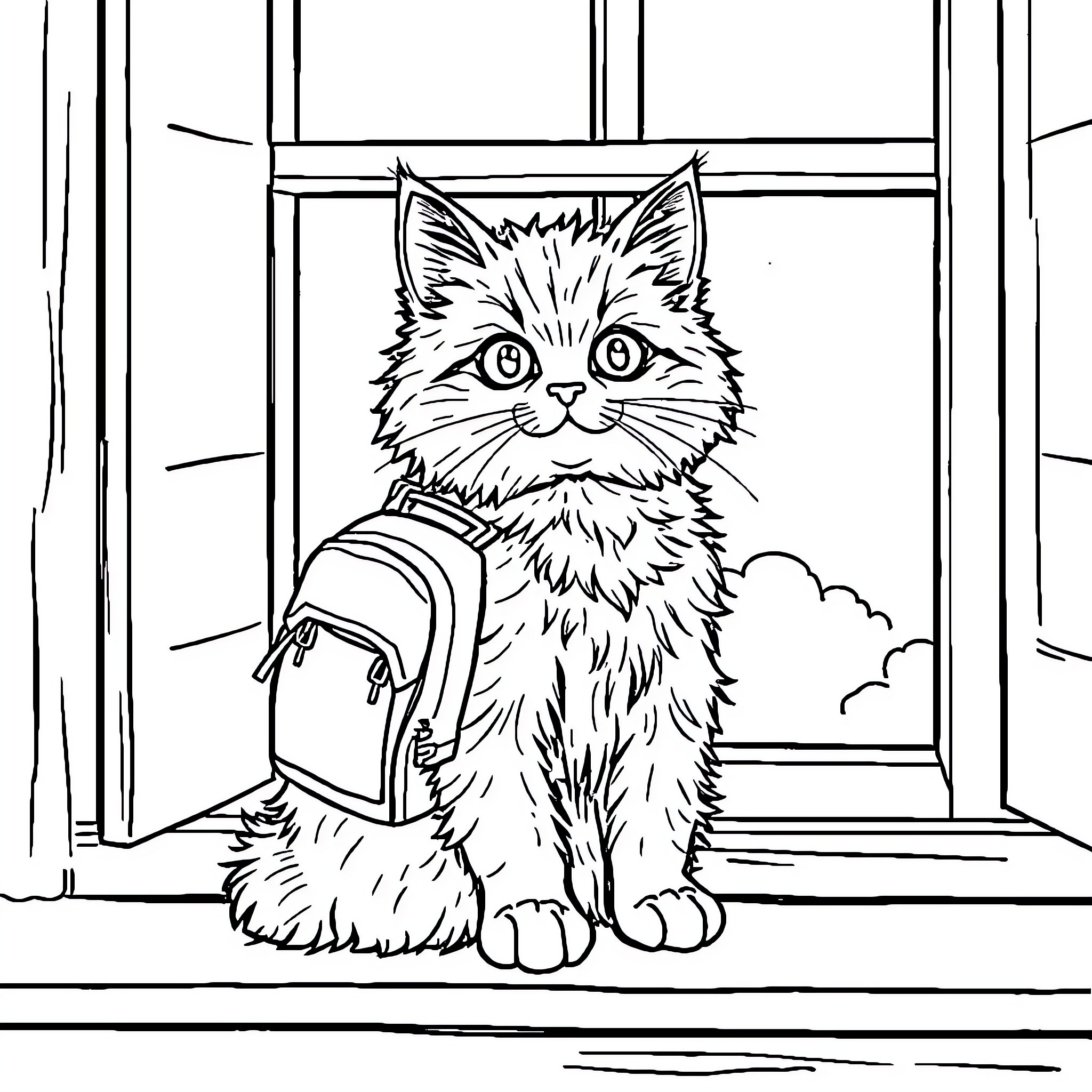 Cat with Backpack Looking Out Window Coloring Page (free black-and-white line drawing printable PDF for all, from beginners to advanced learners, including children, teens, adults, and seniors)