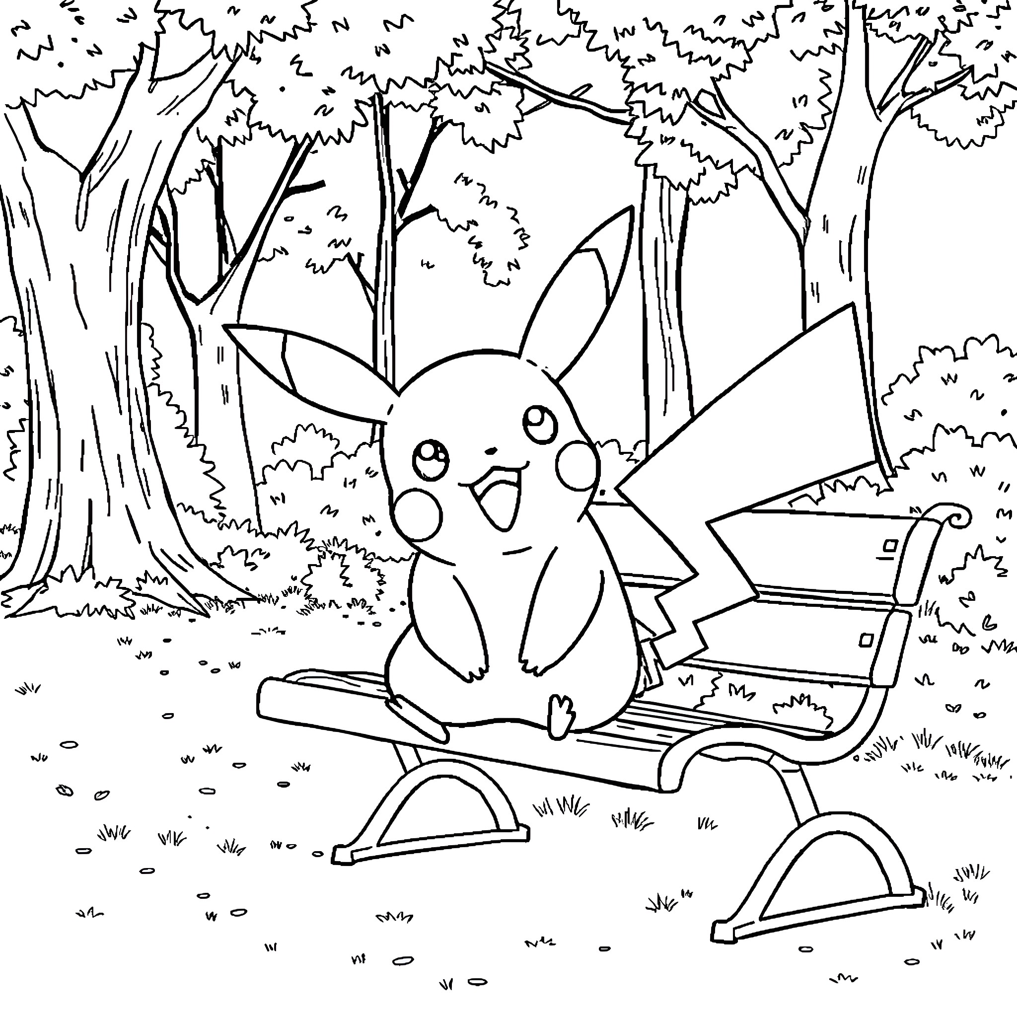Pikachu playing on see-saw in the forest Coloring Page (free black-and-white line drawing printable PDF for all, from beginners to advanced learners, including children, teens, adults, and seniors)