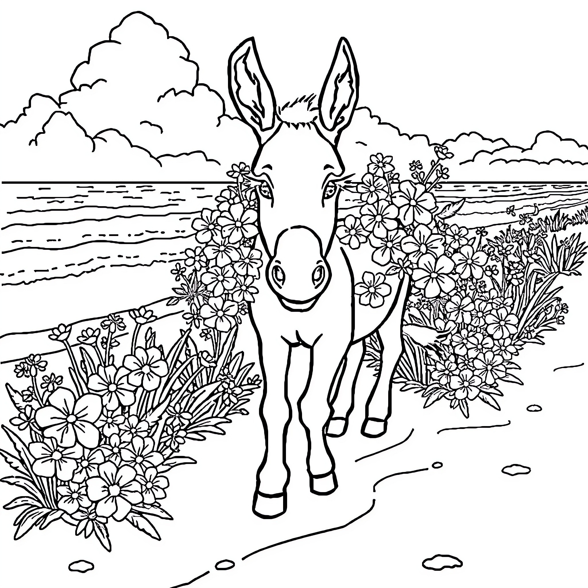 Donkey among Flowers in Scenic Landscape Coloring Page (free black-and-white line drawing printable PDF for all, from beginners to advanced learners, including children, teens, adults, and seniors)