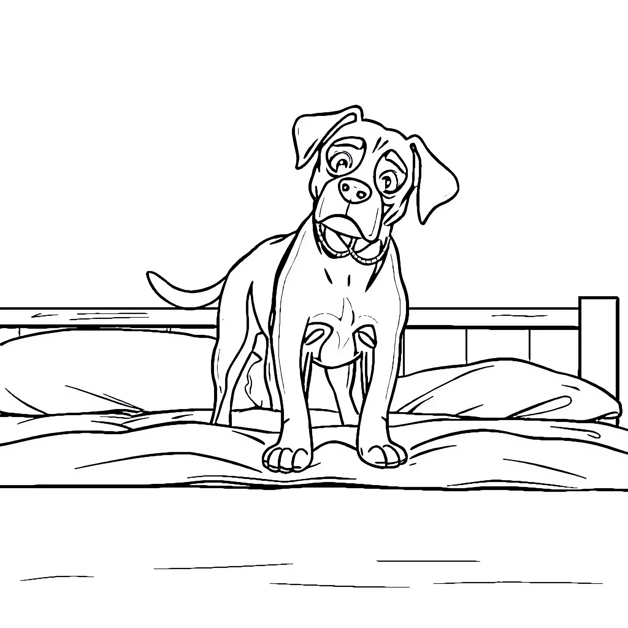 Dog sitting adorably on the sidewalk Coloring Page (free black-and-white line drawing printable PDF for all, from beginners to advanced learners, including children, teens, adults, and seniors)