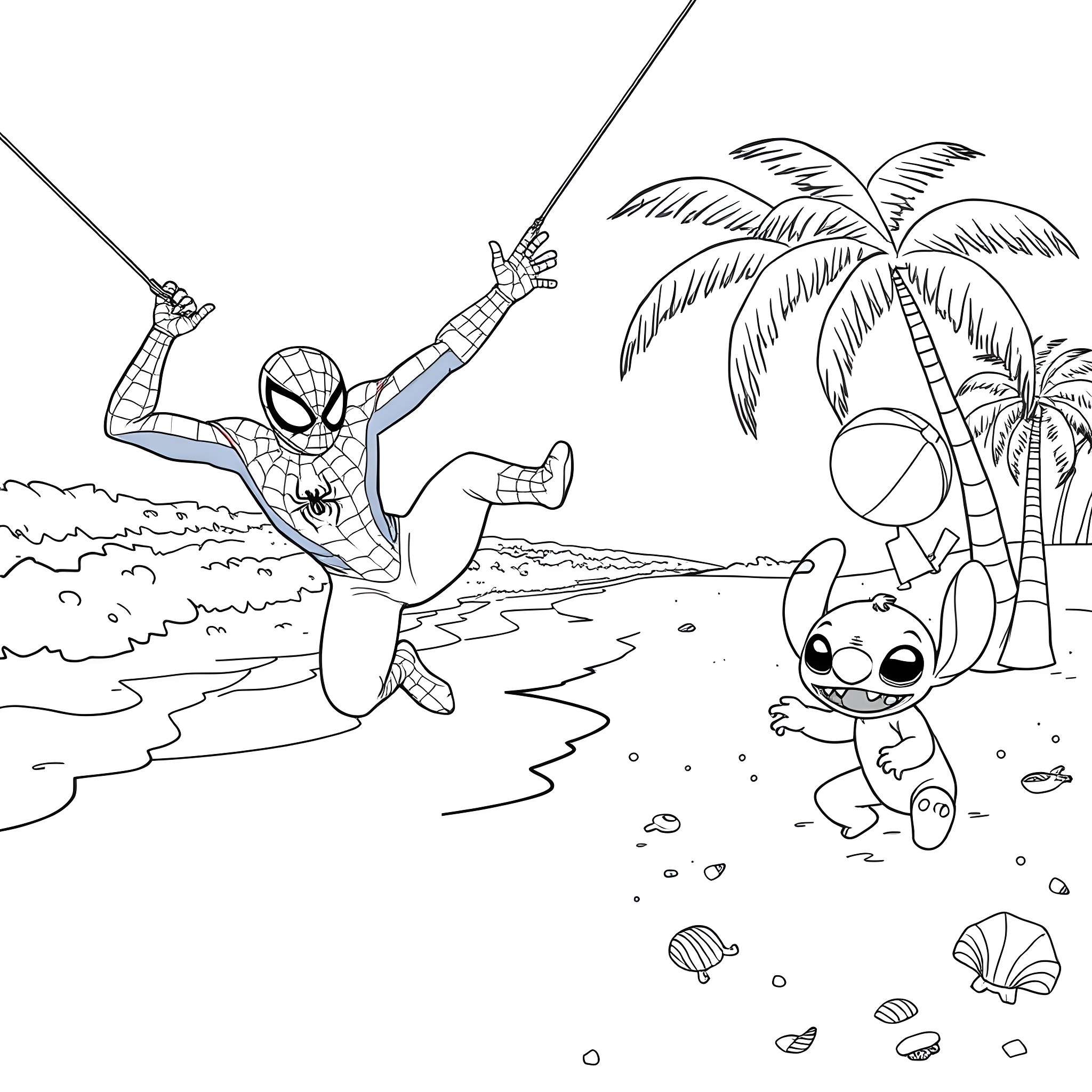 Spider-Man swinging through the beach with Stitch Coloring Page (free black-and-white line drawing printable PDF for all, from beginners to advanced learners, including children, teens, adults, and seniors)