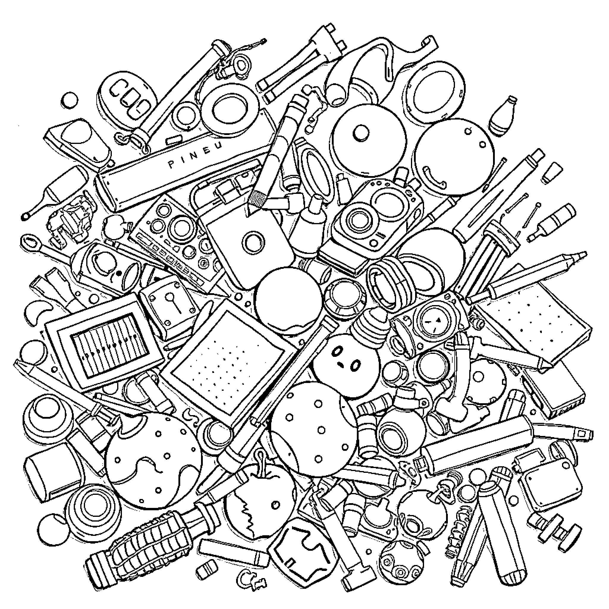 Random Assortment of Intricate Mechanical Objects Coloring Page (free black-and-white line drawing printable PDF for all, from beginners to advanced learners, including children, teens, adults, and seniors)