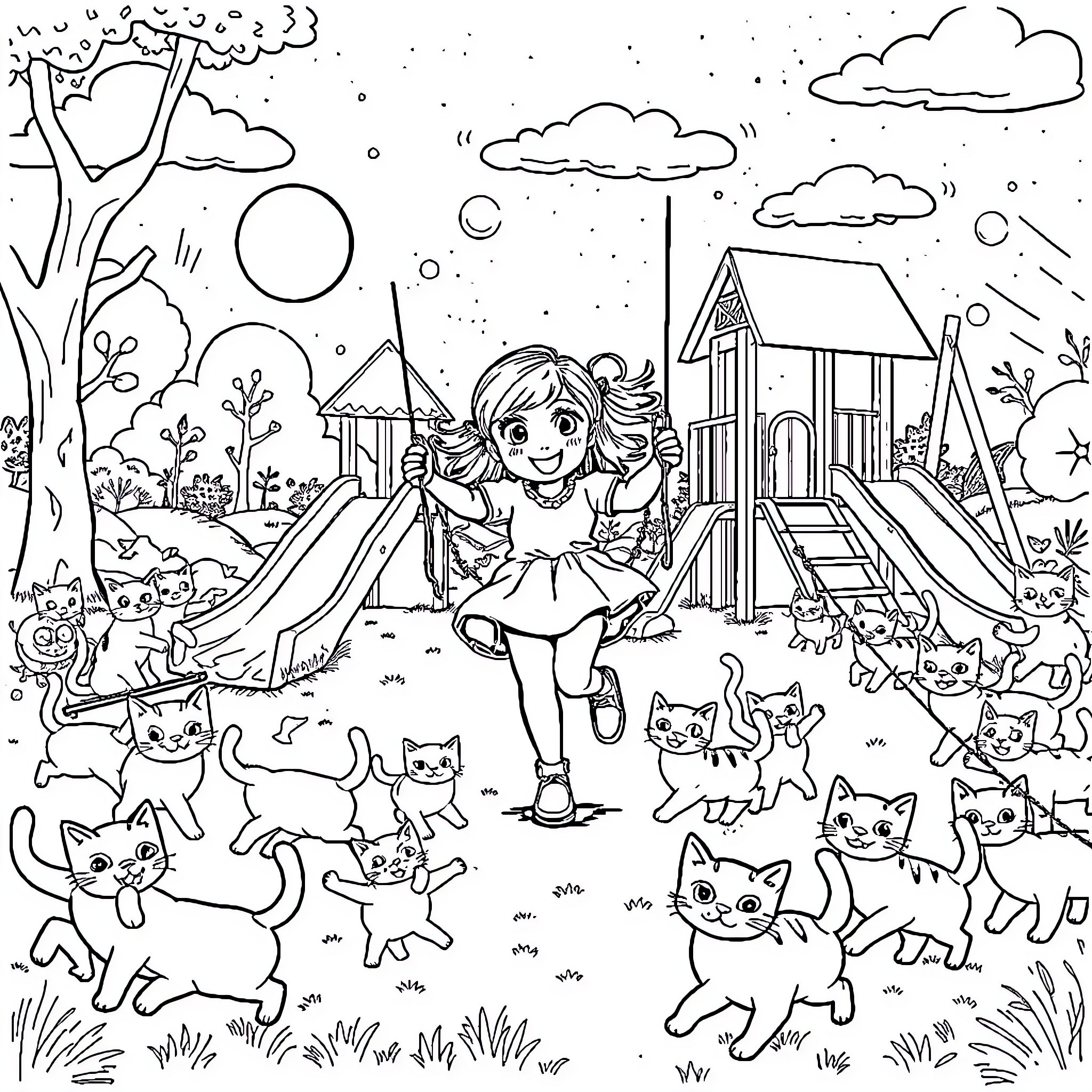Girl surrounded by playful kittens in the playground Coloring Page (free black-and-white line drawing printable PDF for all, from beginners to advanced learners, including children, teens, adults, and seniors)