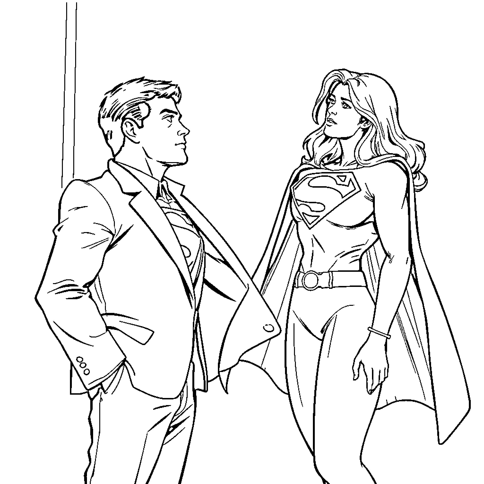 Superman and superwoman in formal attire Coloring Page (free black-and-white line drawing printable PDF for all, from beginners to advanced learners, including children, teens, adults, and seniors)