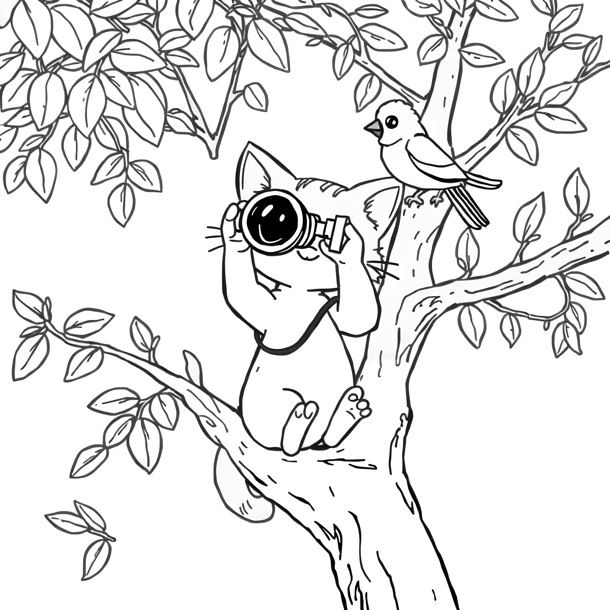 Kitty peeking curiously at bird in leafy tree Coloring Page (free black-and-white line drawing printable PDF for all, from beginners to advanced learners, including children, teens, adults, and seniors)
