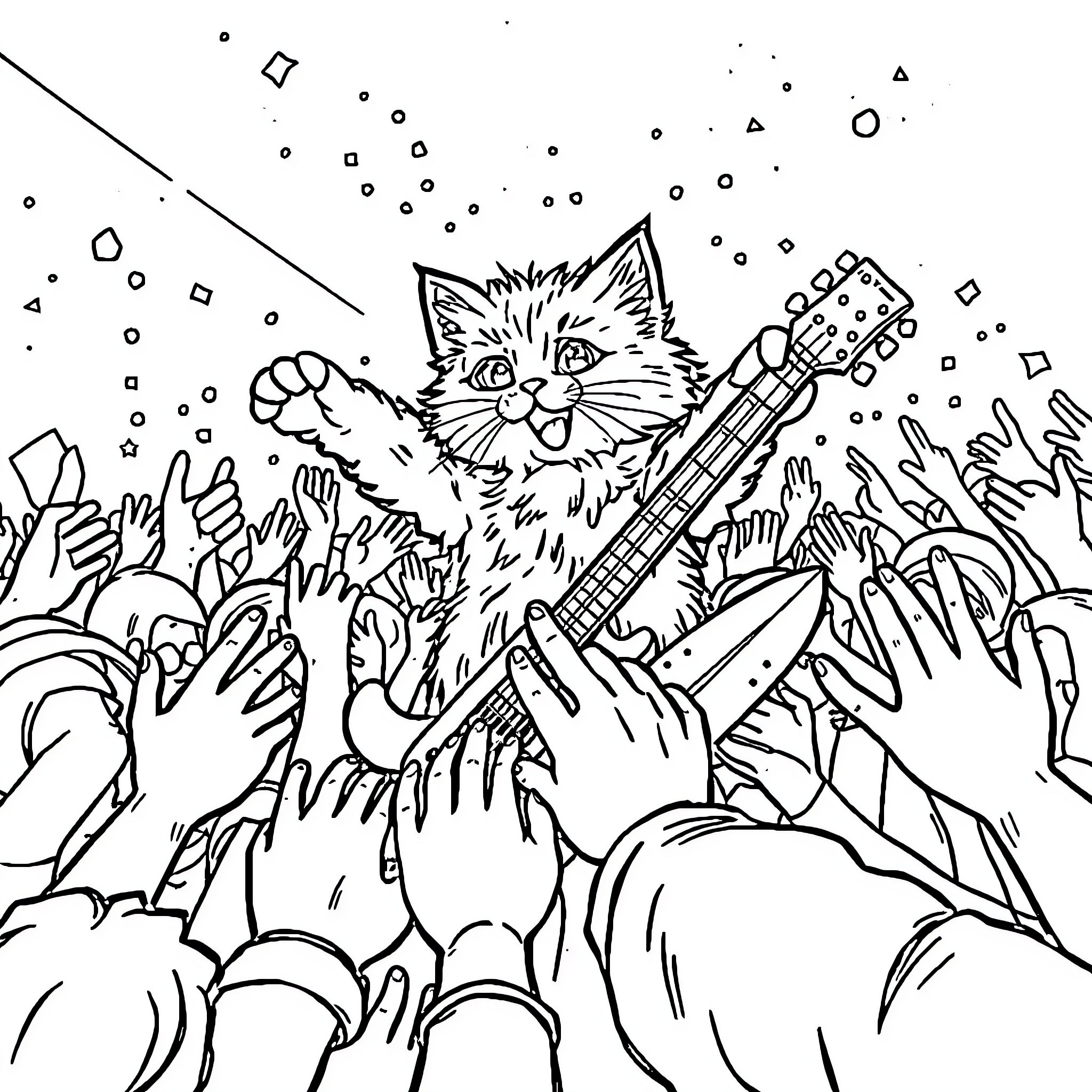 Cat playing electric guitar on stage Coloring Page (free black-and-white line drawing printable PDF for all, from beginners to advanced learners, including children, teens, adults, and seniors)