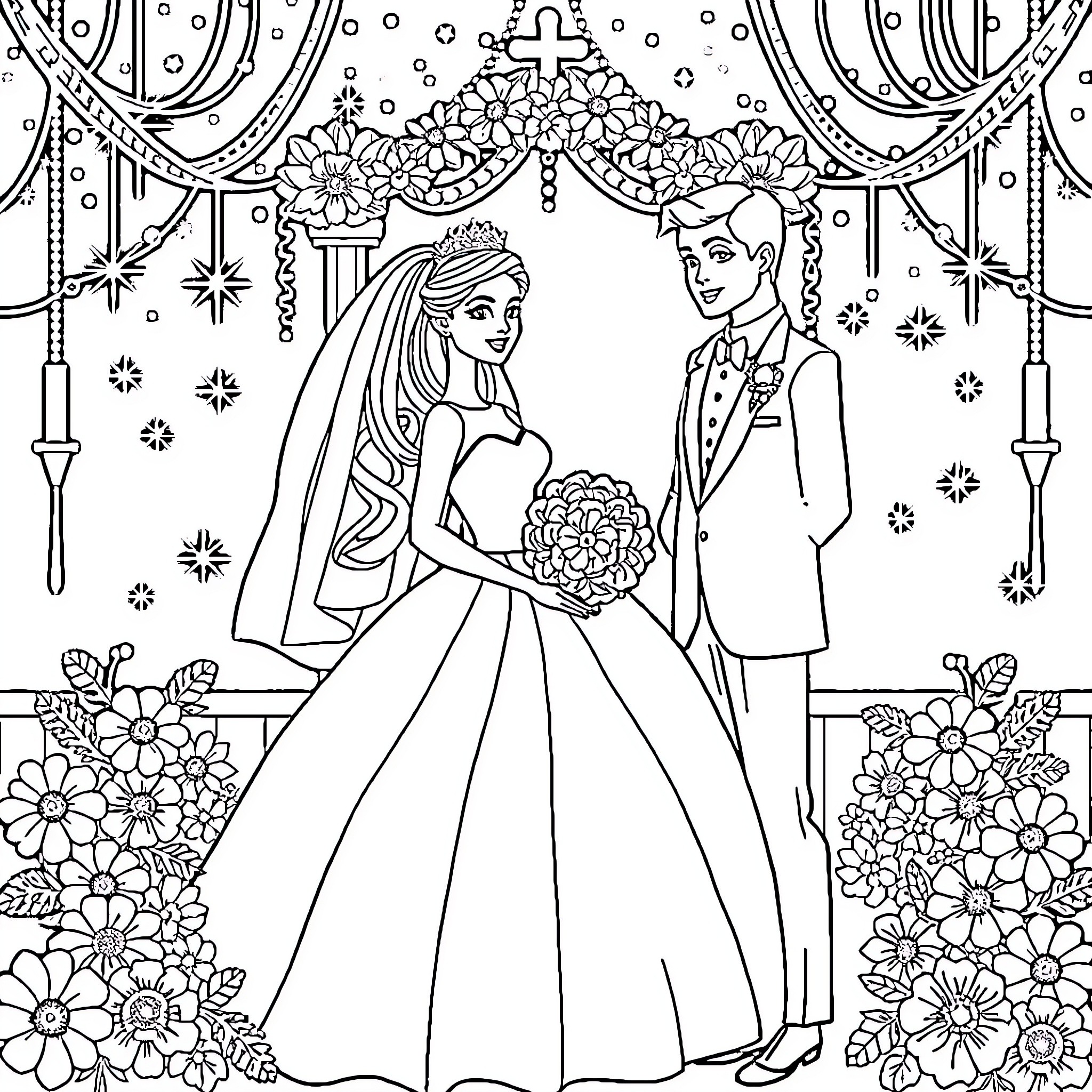 Barbie's Enchanting Wedding Ceremony Coloring Page (free black-and-white line drawing printable PDF for all, from beginners to advanced learners, including children, teens, adults, and seniors)