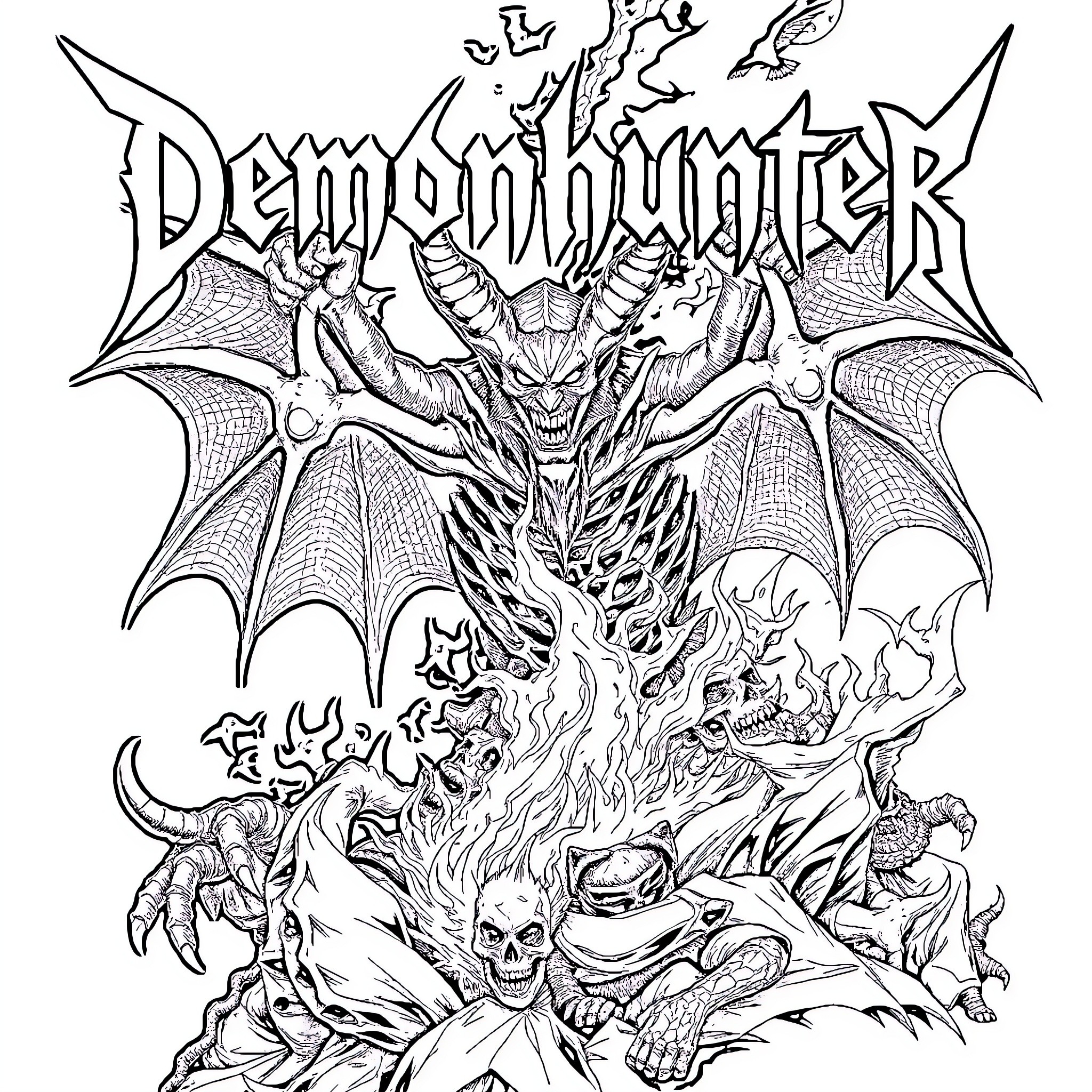Demonhunter's epic battle against mythical beasts Coloring Page (free black-and-white line drawing printable PDF for all, from beginners to advanced learners, including children, teens, adults, and seniors)
