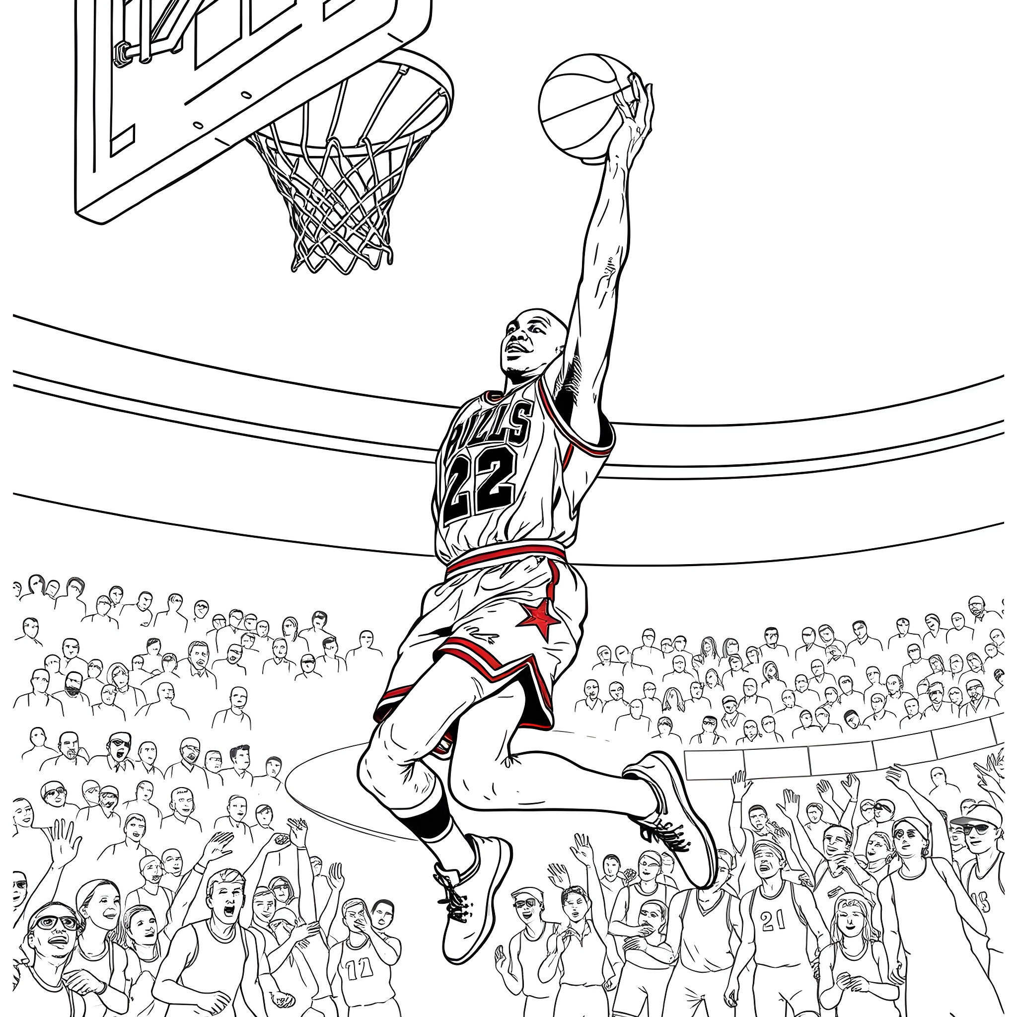 Michael Jordan's Iconic Basketball Dunk Performance Coloring Page (free black-and-white line drawing printable PDF for all, from beginners to advanced learners, including children, teens, adults, and seniors)