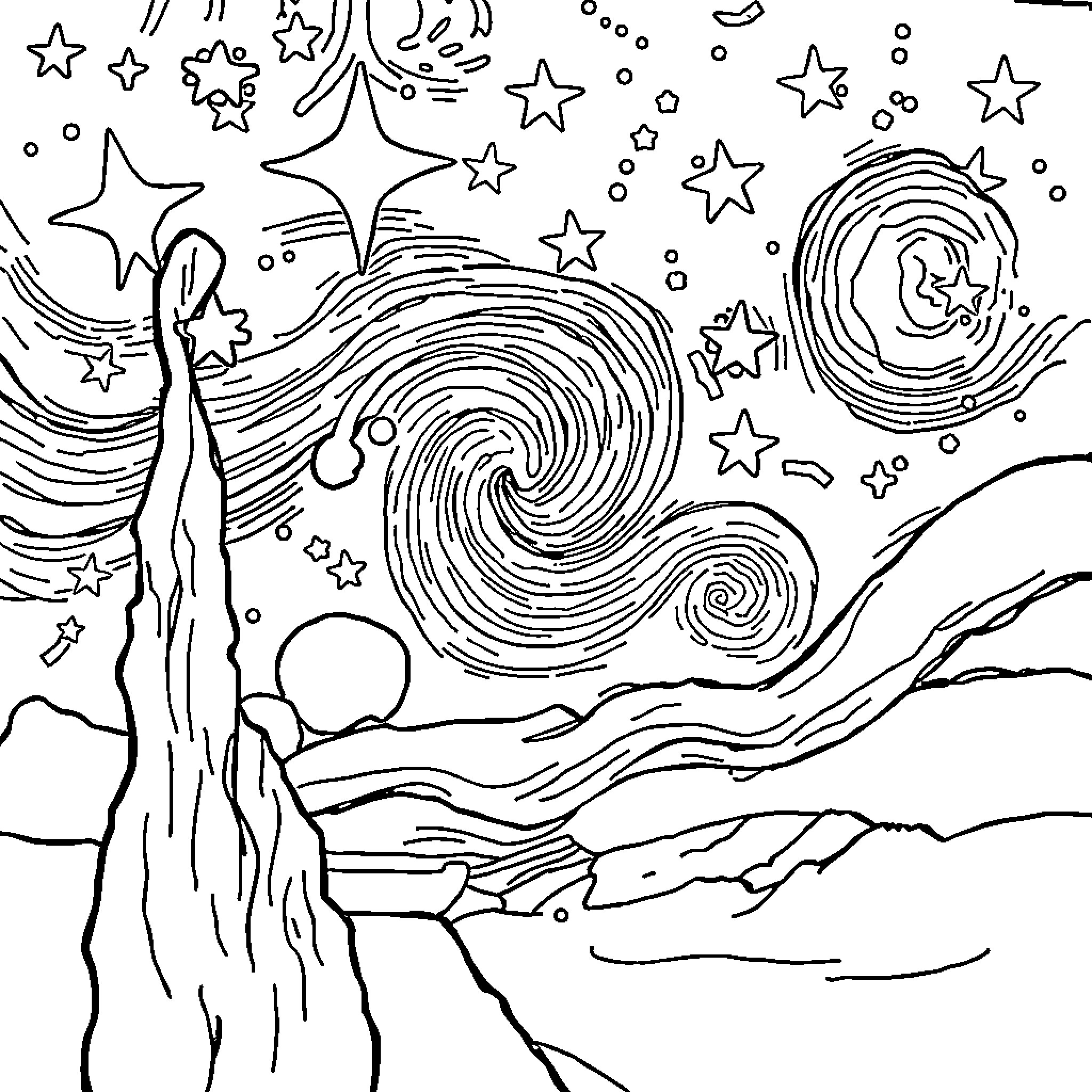 Star Night Sky with Flowing Celestial Patterns Coloring Page (free black-and-white line drawing printable PDF for all, from beginners to advanced learners, including children, teens, adults, and seniors)
