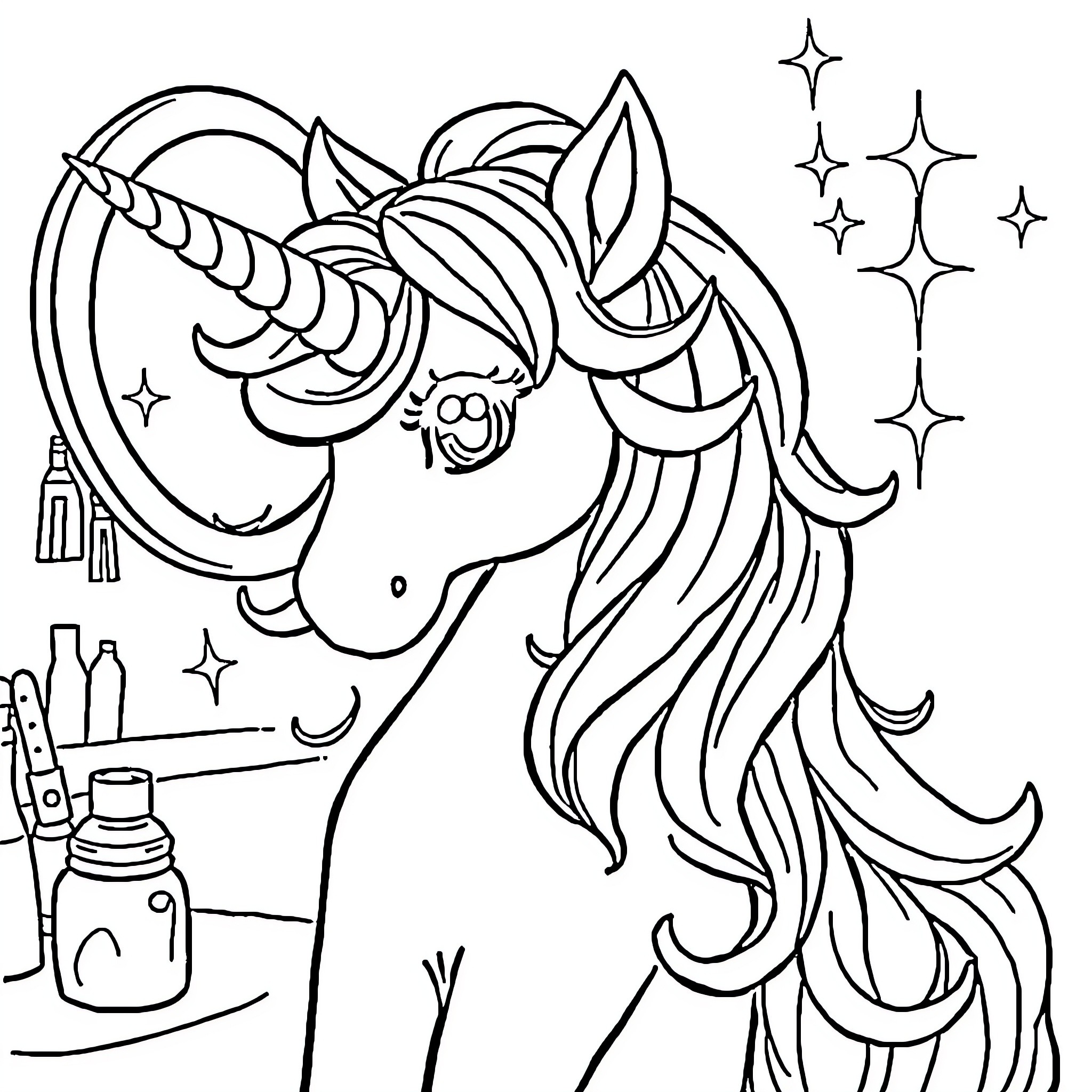 Unicorn applying makeup with artistic flair Coloring Page (free black-and-white line drawing printable PDF for all, from beginners to advanced learners, including children, teens, adults, and seniors)