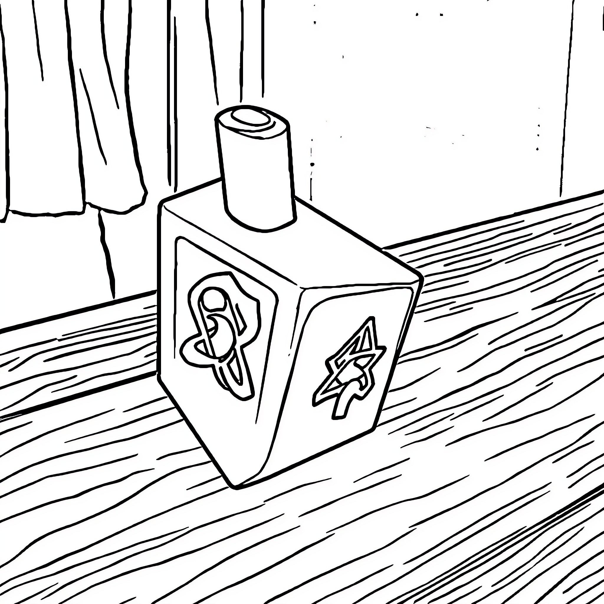 Dreidel spinning on wooden surface Coloring Page (free black-and-white line drawing printable PDF for all, from beginners to advanced learners, including children, teens, adults, and seniors)