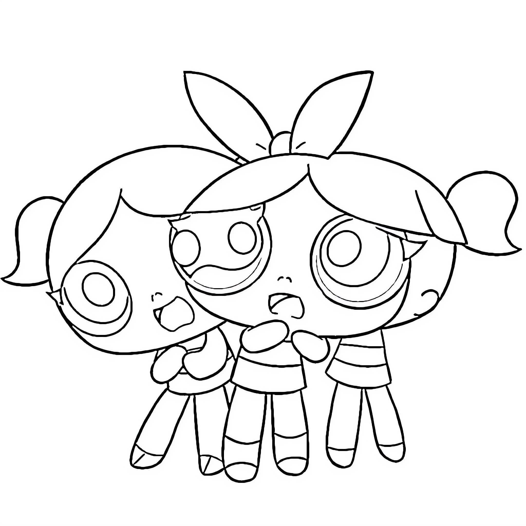 Powerpuff Girls in Comical Poses Coloring Page (free black-and-white line drawing printable PDF for all, from beginners to advanced learners, including children, teens, adults, and seniors)