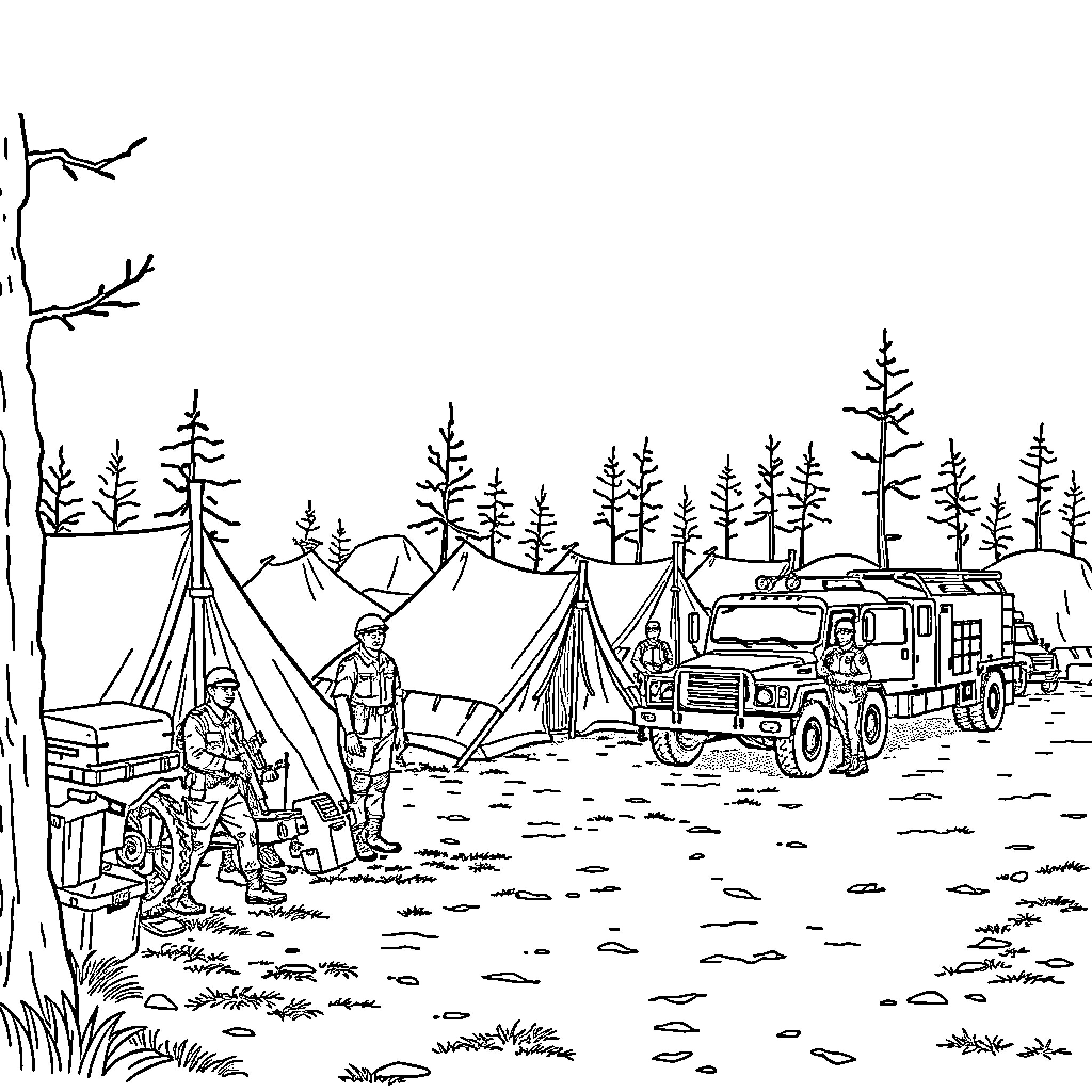 Military camping expedition with tents and equipment Coloring Page (free black-and-white line drawing printable PDF for all, from beginners to advanced learners, including children, teens, adults, and seniors)