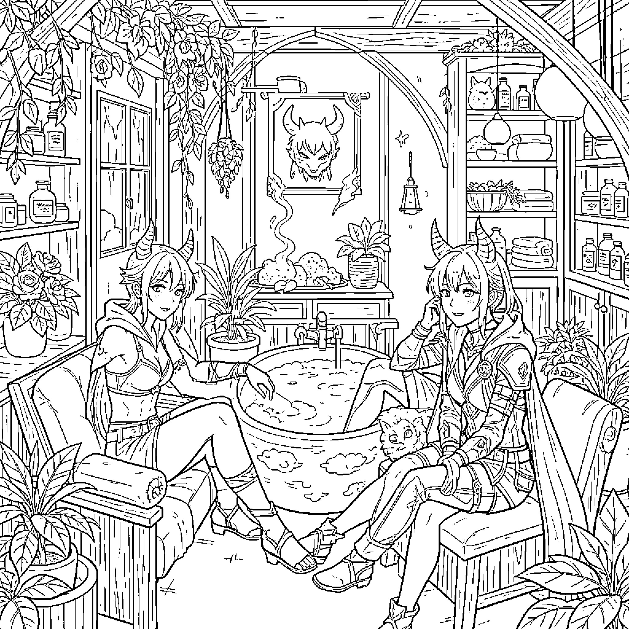 Kpop idols relaxing in a cozy fantasy room Coloring Page (free black-and-white line drawing printable PDF for all, from beginners to advanced learners, including children, teens, adults, and seniors)