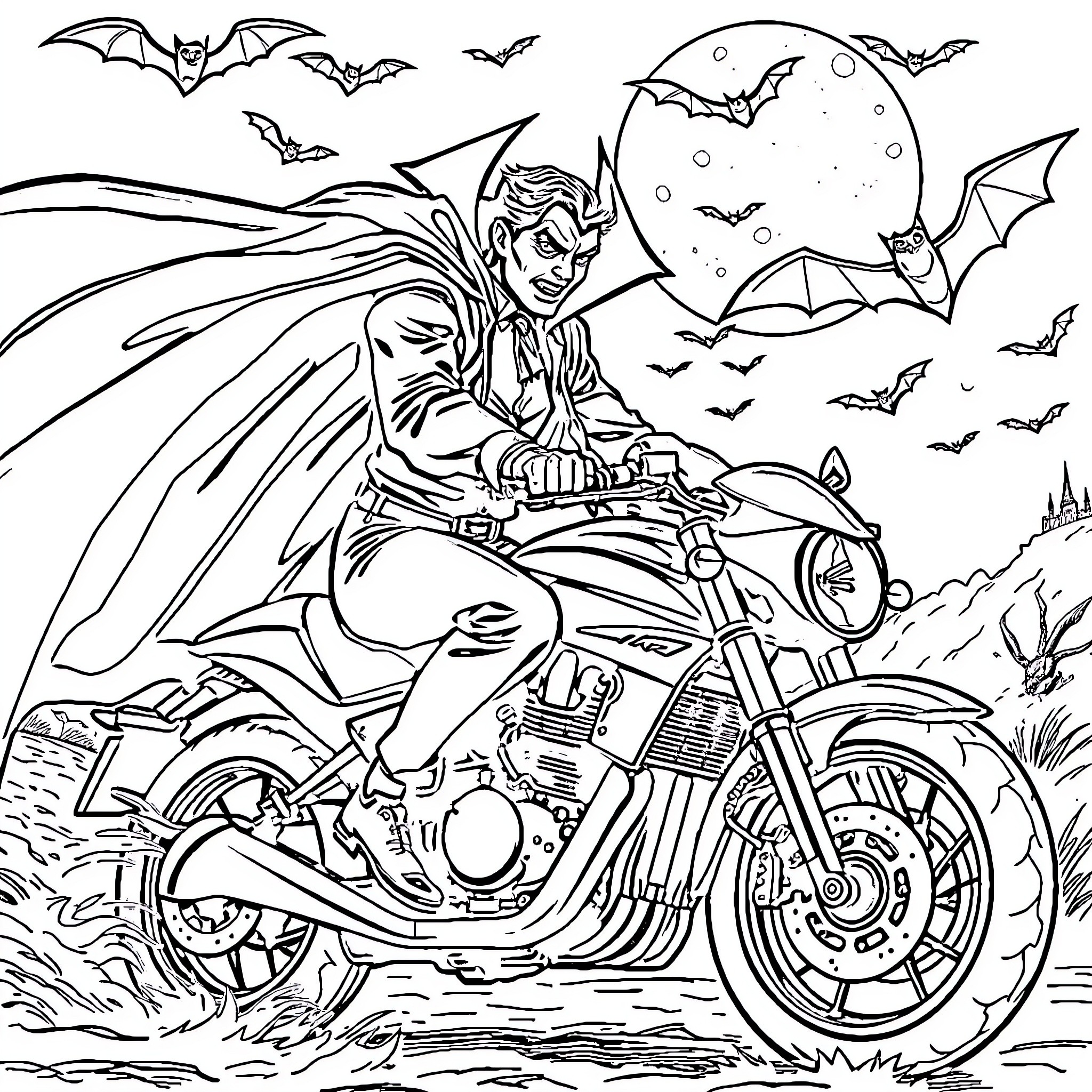 Dracula riding a motorcycle under a full moon Coloring Page (free black-and-white line drawing printable PDF for all, from beginners to advanced learners, including children, teens, adults, and seniors)