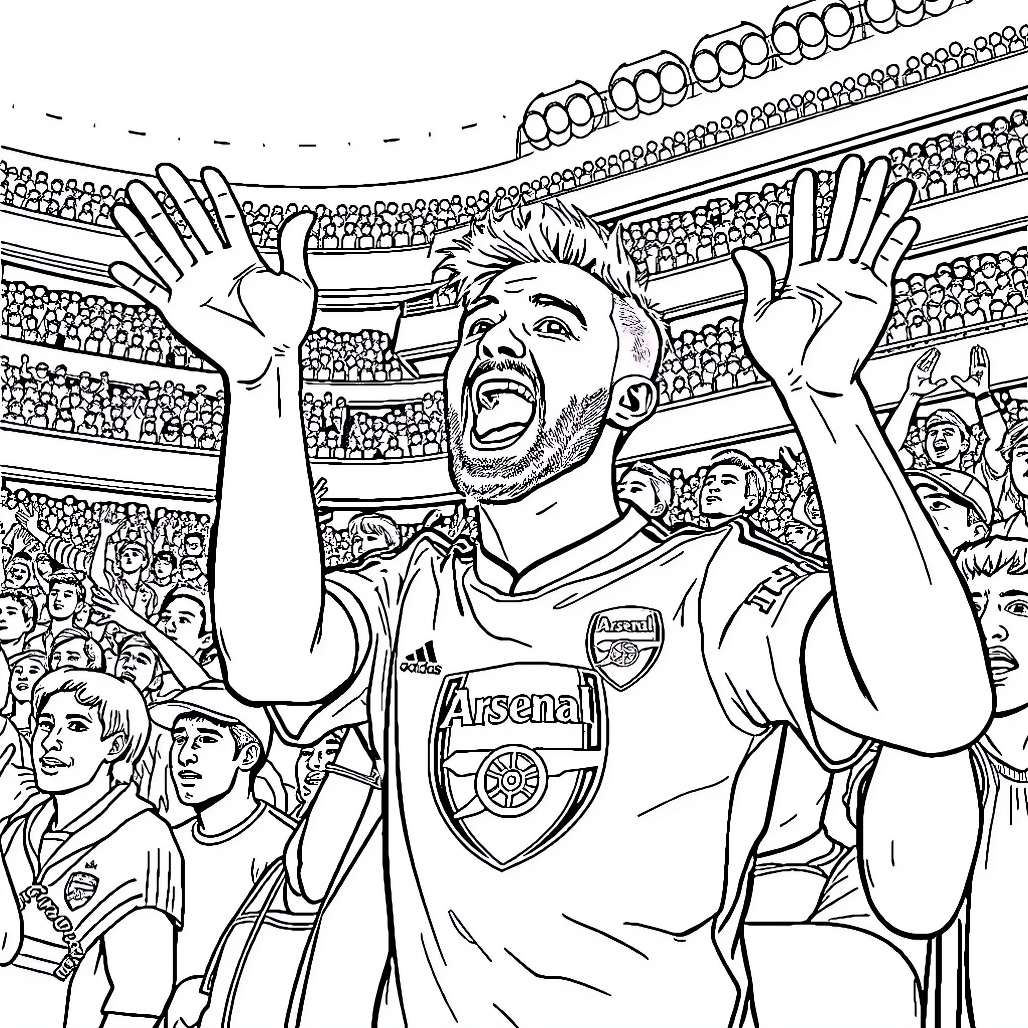 Gooner cheering enthusiastically at a football match Coloring Page (free black-and-white line drawing printable PDF for all, from beginners to advanced learners, including children, teens, adults, and seniors)
