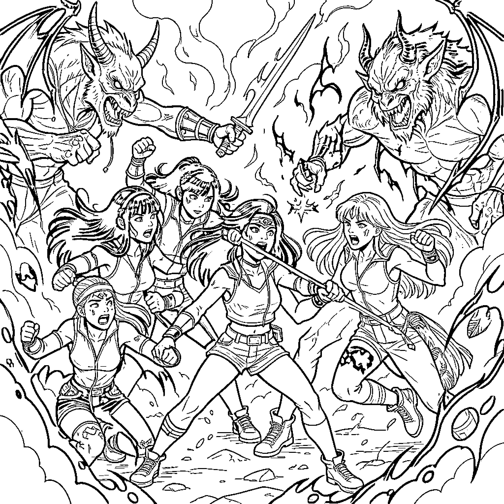 K-Pop Warriors in Epic Battle Against Fierce Foes Coloring Page (free black-and-white line drawing printable PDF for all, from beginners to advanced learners, including children, teens, adults, and seniors)