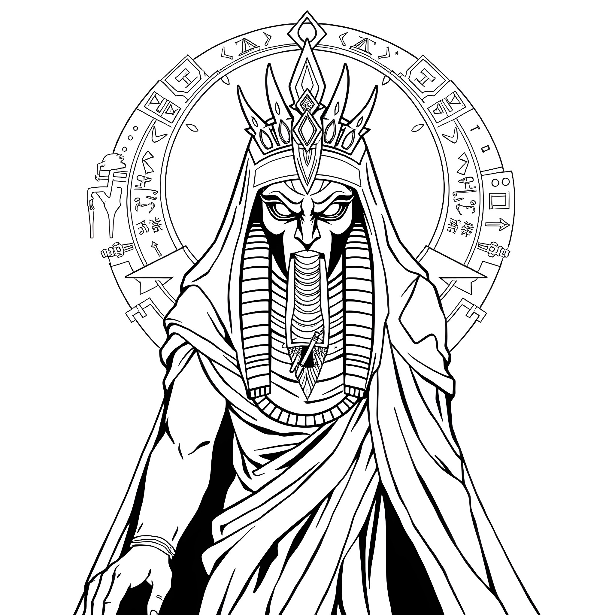 Kuk Pharaoh's Powerful Presence Coloring Page (free black-and-white line drawing printable PDF for all, from beginners to advanced learners, including children, teens, adults, and seniors)