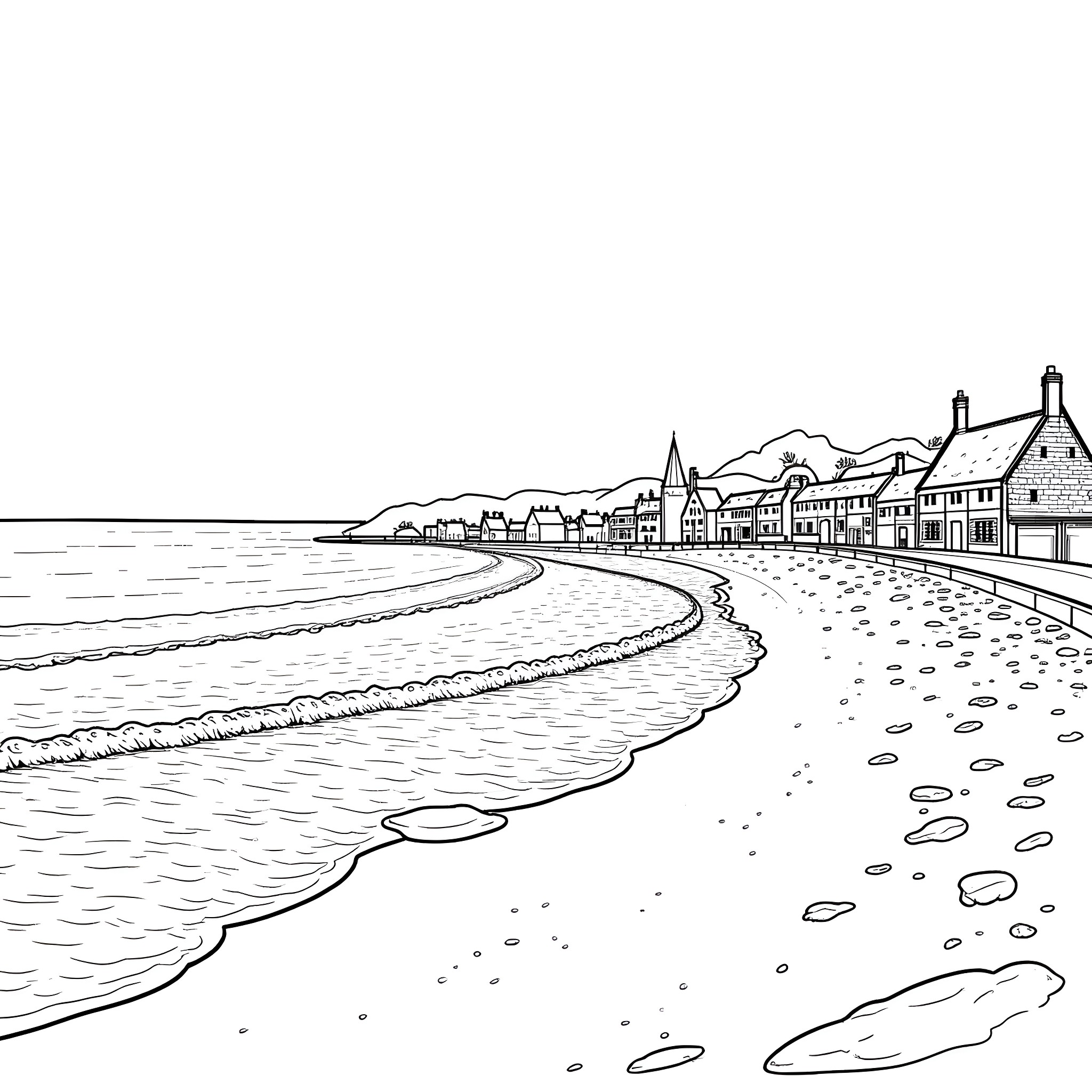 Yorkshire coastline with picturesque seaside village Coloring Page (free black-and-white line drawing printable PDF for all, from beginners to advanced learners, including children, teens, adults, and seniors)