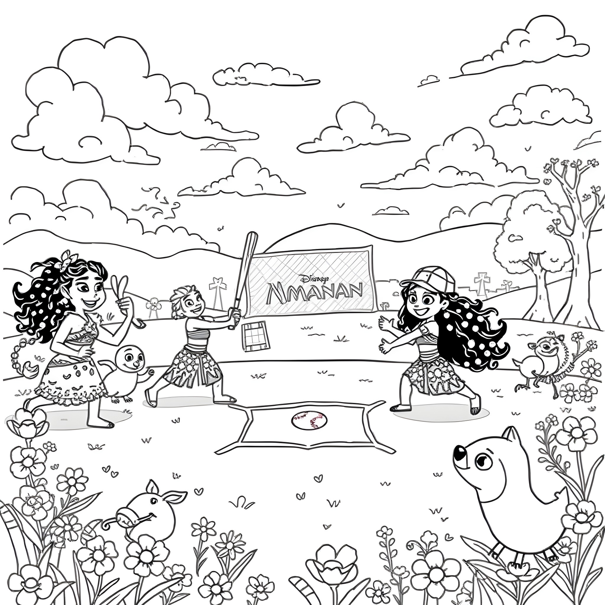 Moana and Pua exploring the vibrant Polynesian landscape Coloring Page (free black-and-white line drawing printable PDF for all, from beginners to advanced learners, including children, teens, adults, and seniors)