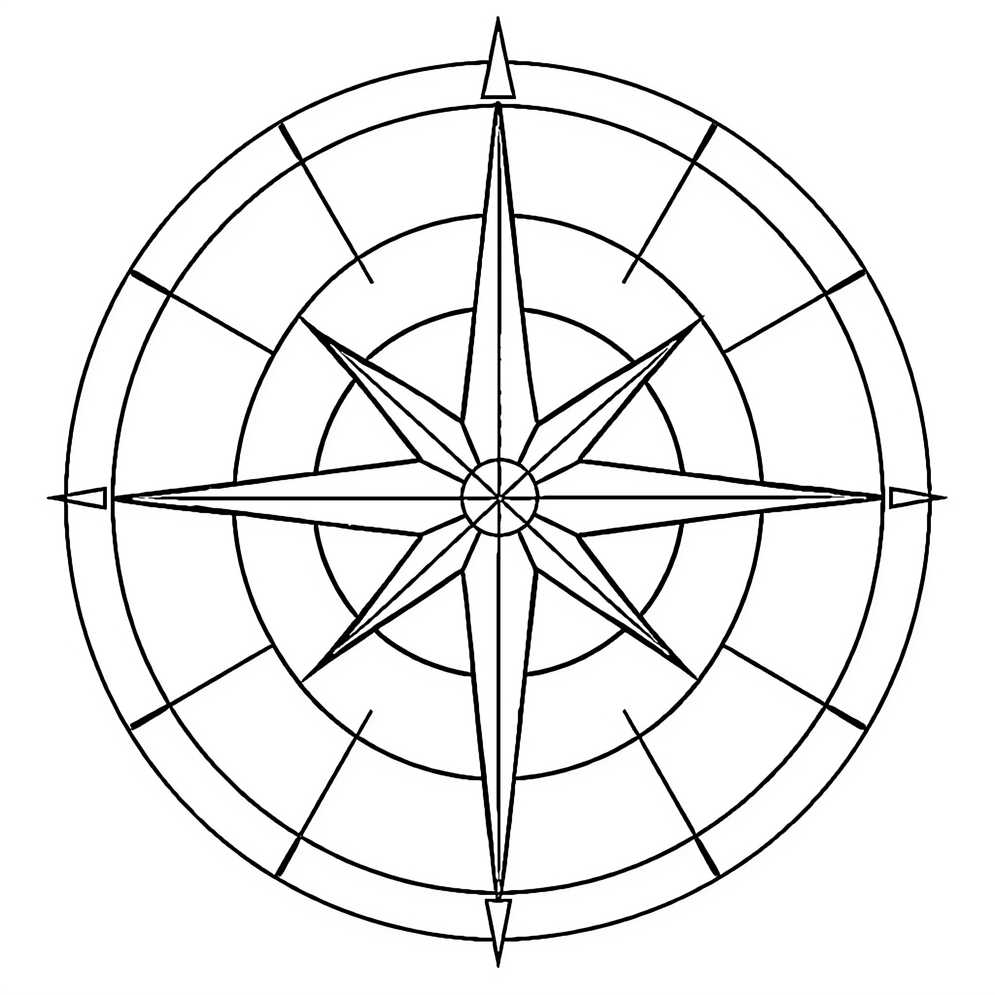 Rose Compass Geometric Illustration Coloring Page (free black-and-white line drawing printable PDF for all, from beginners to advanced learners, including children, teens, adults, and seniors)