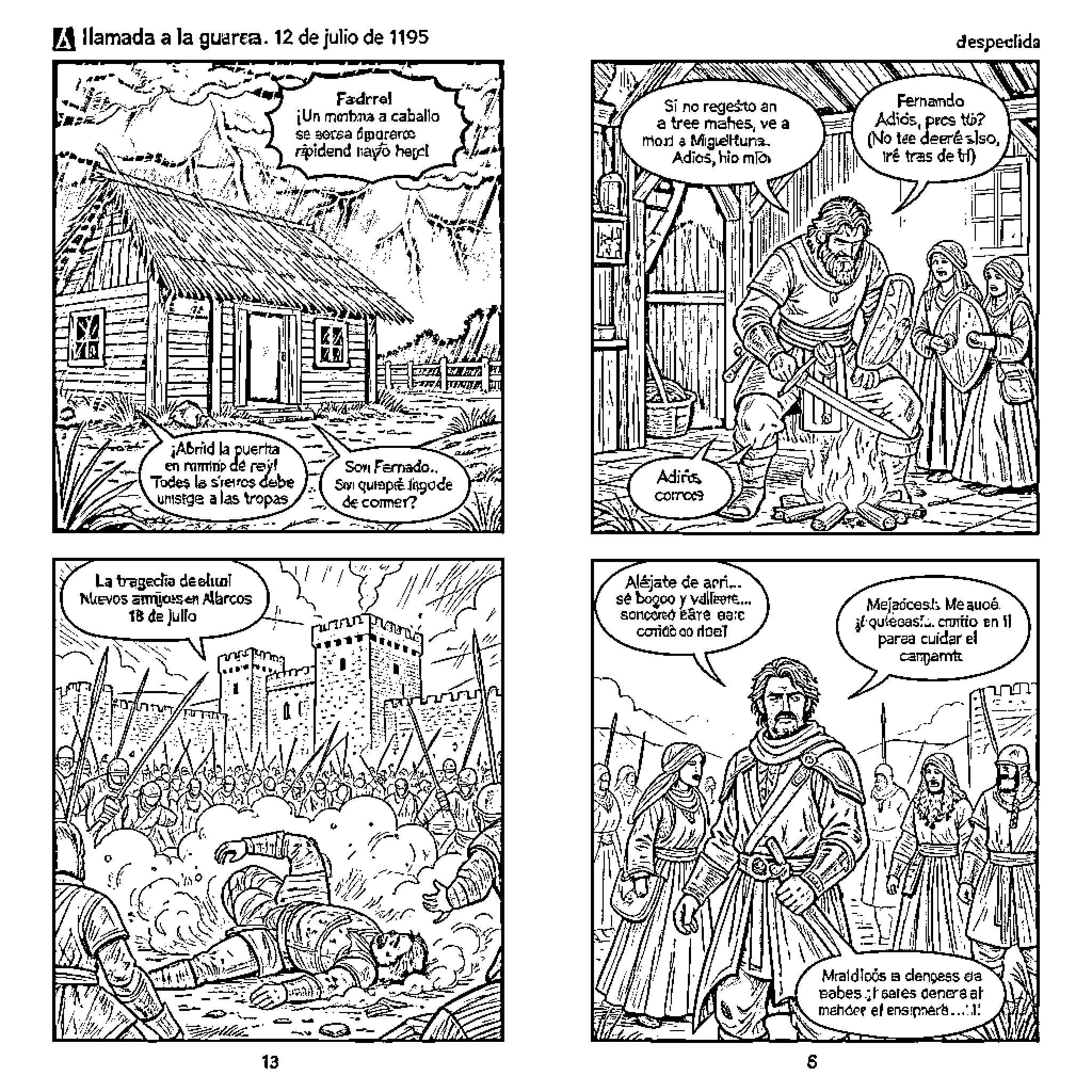 Fernando's Journey: Scenes of War, Conflict, and Conversation Coloring Page (free black-and-white line drawing printable PDF for all, from beginners to advanced learners, including children, teens, adults, and seniors)