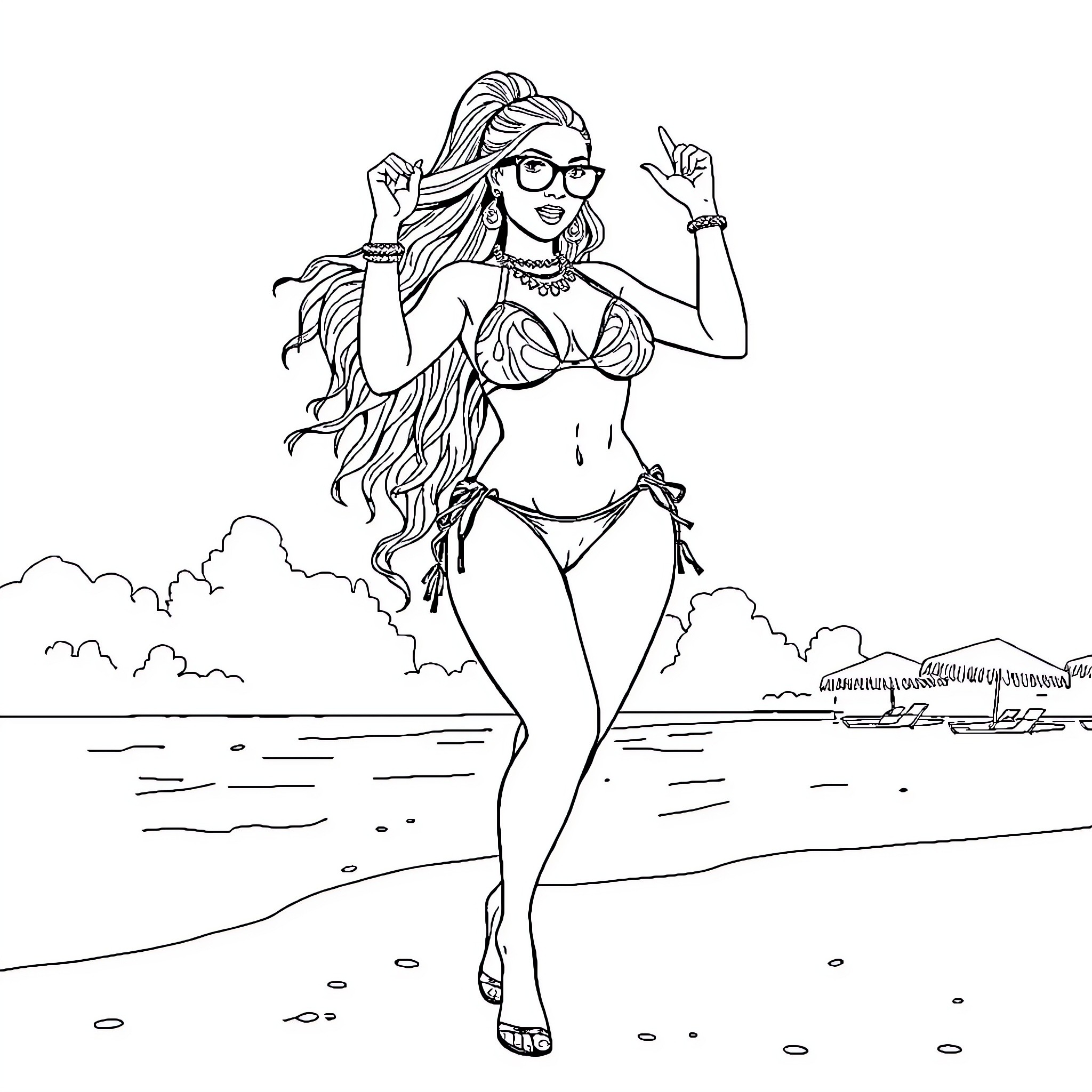 Nicki Minaj striking a playful pose on the beach Coloring Page (free black-and-white line drawing printable PDF for all, from beginners to advanced learners, including children, teens, adults, and seniors)