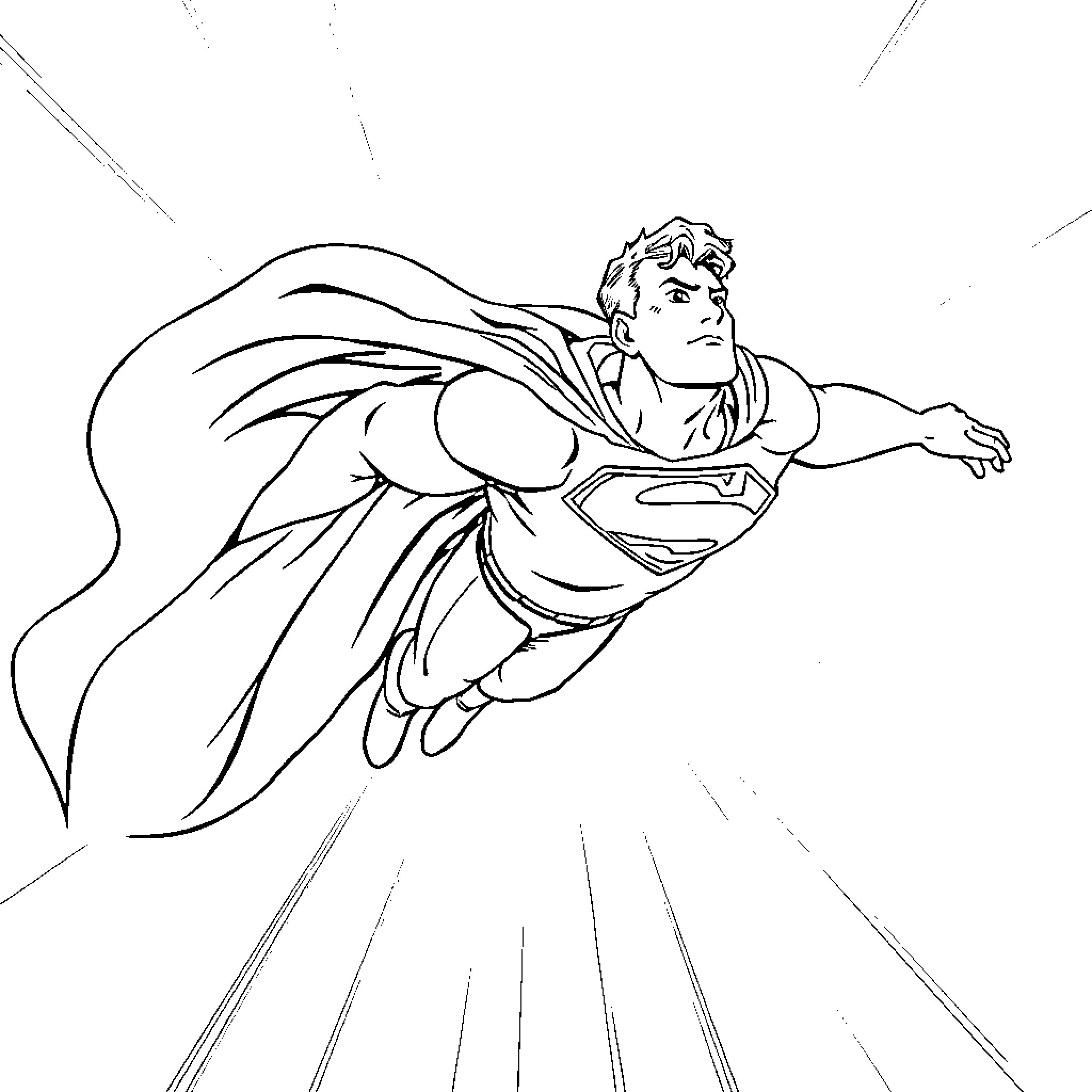 Superman soaring in action pose Coloring Page (free black-and-white line drawing printable PDF for all, from beginners to advanced learners, including children, teens, adults, and seniors)